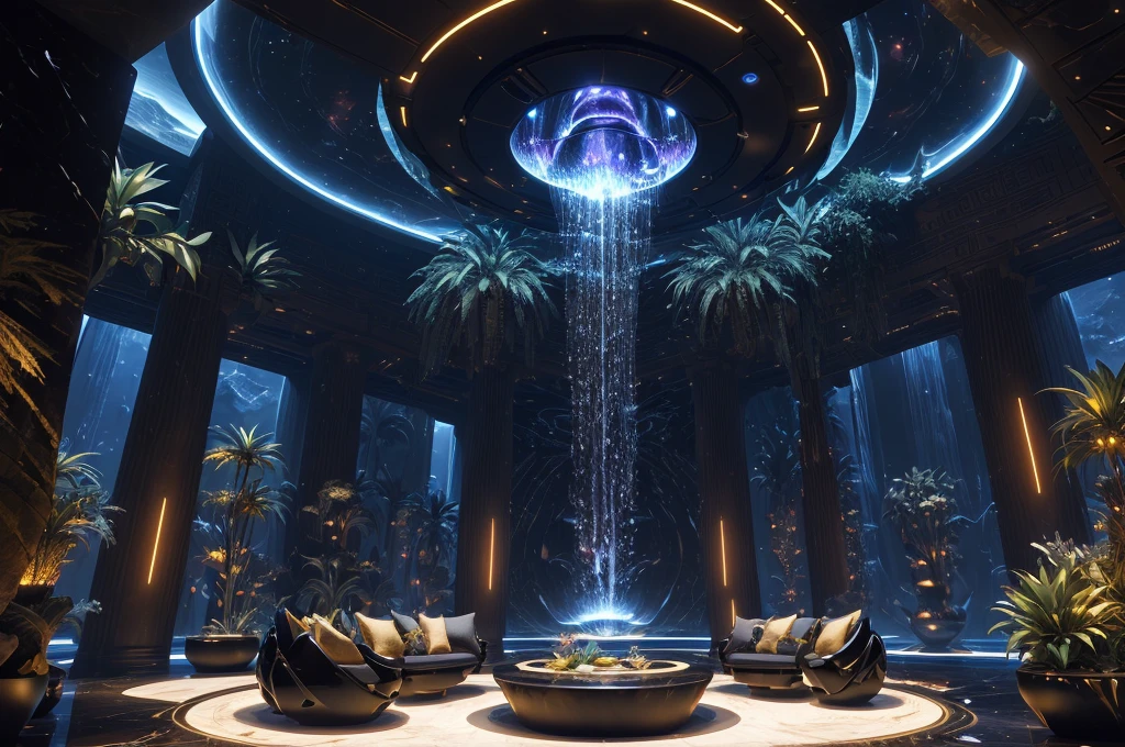 incredible black luxurious futuristic interior in Ancient Egyptian style with many (((lush plants))) (lotus flowers), ((palm trees)), ((african flowers)), rocky walls, ((sand)), ((waterfalls)) (marble), ((precious minerals)), ((metals)), (gemstones), crystals, clouds and ((water)), futuristic luxury furniture, (hieroglyphics), ((trees, flowers, plants made out of gemstones and precious minerals and lights)), crocodiles, (((ultra luxury))), (black marble) – with ((beautiful lights)), Unreal Engine, HQ, 16k