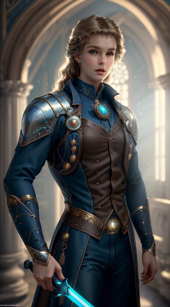 Delicate and exquisite CG picture, super high image quality, perfect presentation of European retro style. The character wears a Western sword, wears a blue dress, and has a more graceful waist, full of heroic and sassy air. With long brown hair combed on the left part, leaving a few strands of flowing bangs, the resolute and powerful gaze shines through the picture, creating a deep atmosphere.
