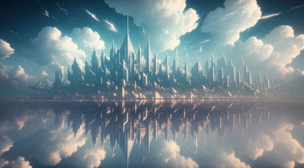 A fantasy floating city, surrounded clouds, Surrealism, Constructivism, Abstractionism, depth of field, motion blur, chromatic aberration abuse, masterpiece, high details, award winning, 8k