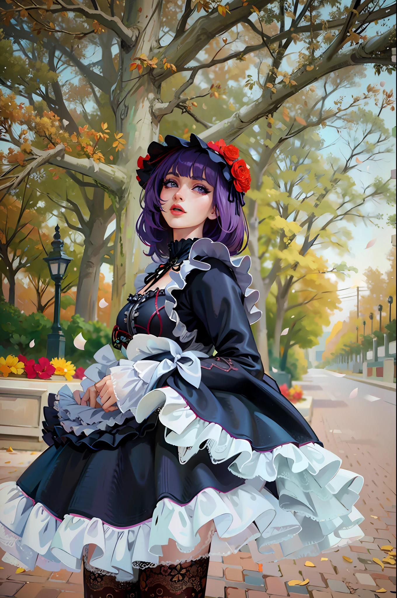 (masterpiece),(best quality:1.0), (ultra highres:1.0), detailed illustration, 8k, anime, 1girl, beautiful anime girl, Marin Kitagawa, My Dress Up Darling, wearing a black maid dress dress, flower crown, pretty face, detailed face, beautiful eyes, detailed eyes, dark purple eyes, bright red lips, red lipstick, purple hair, beautiful stylish hair, highlights in hair, bangs anime style, red flowers on hair, best quality, vibrant
