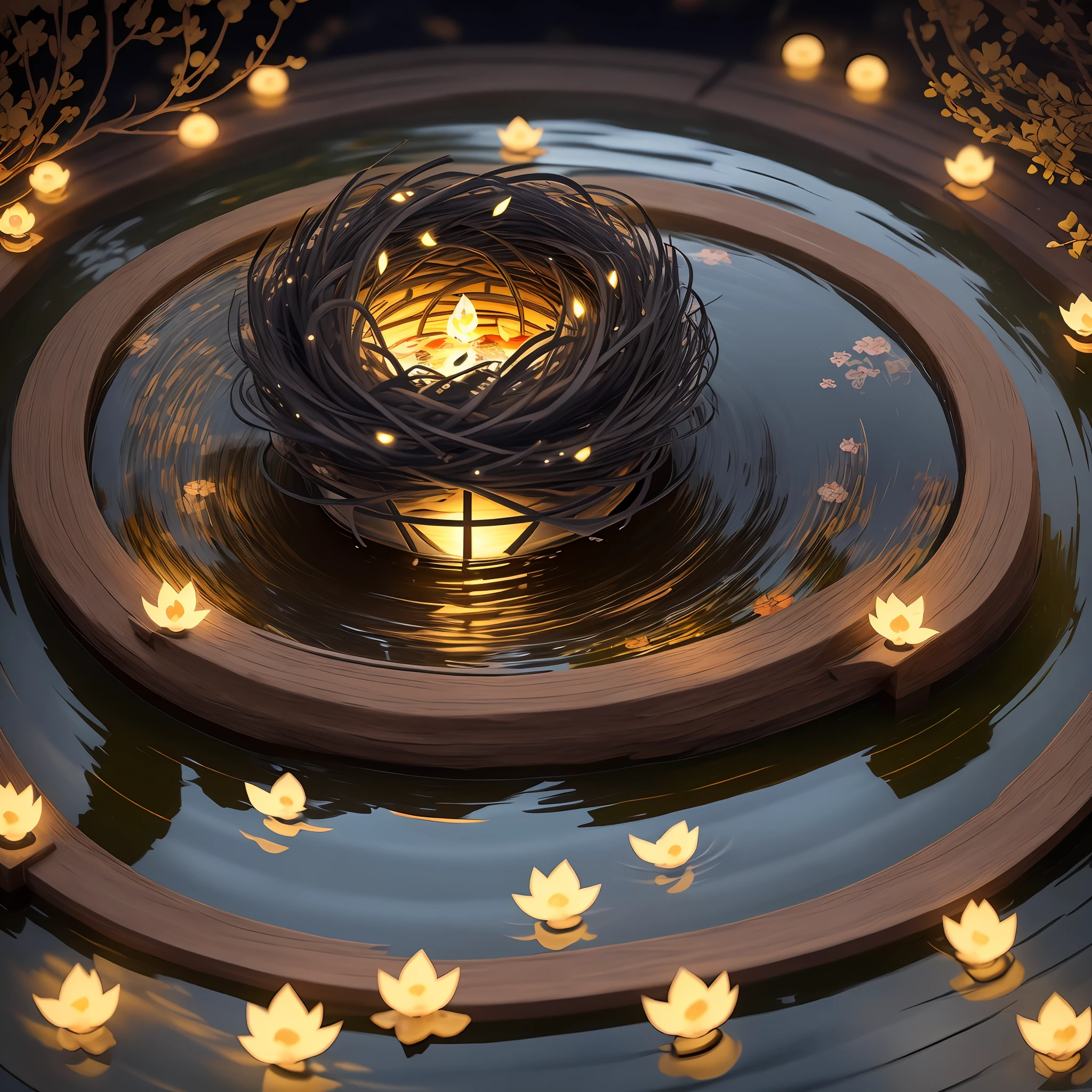 4080 ultra hd, black birds nest with black feathers surrounding it, koi pond with illuminated koi fishes in it, twinkling fairy lights surrounding it