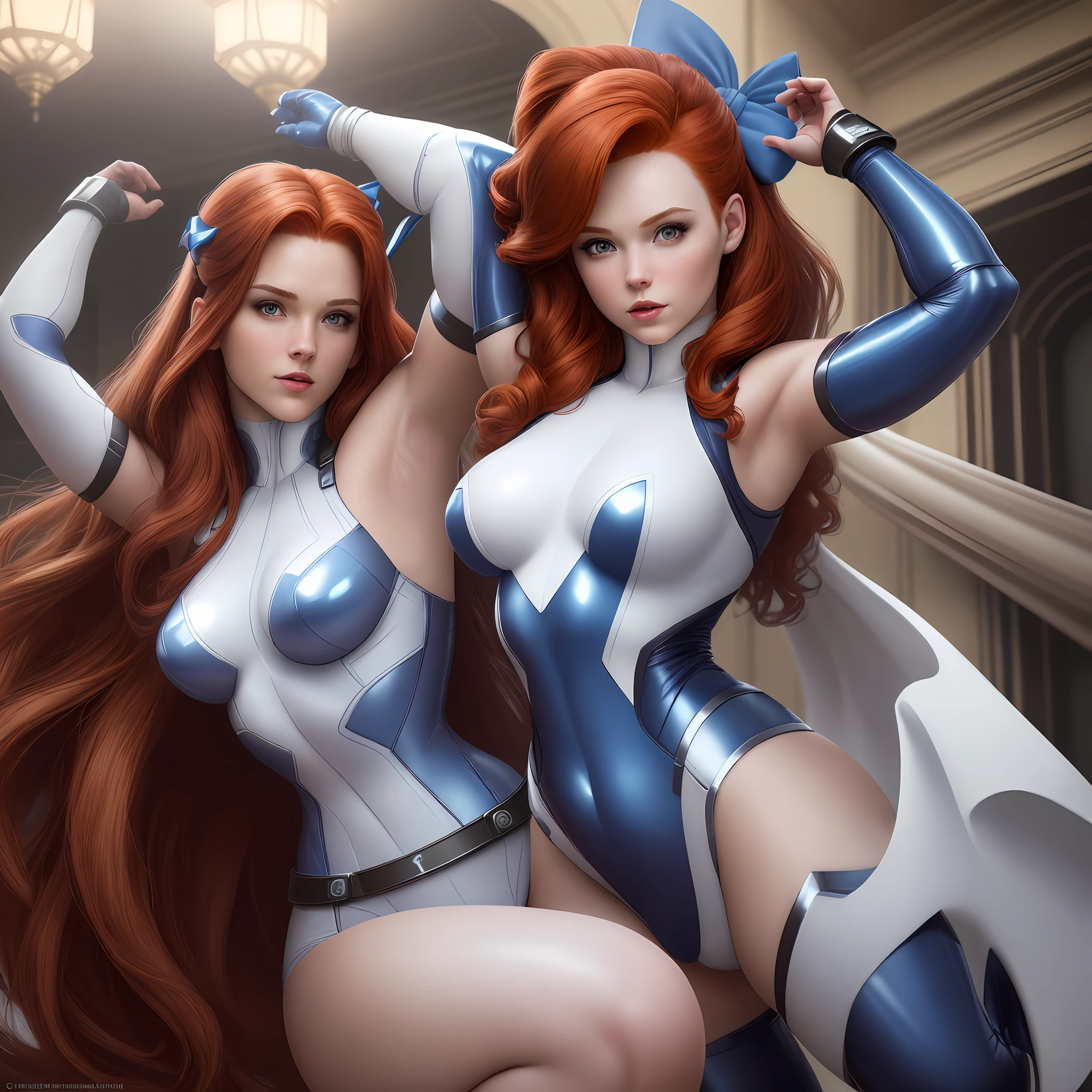 "Masterpiece, high quality, detailed, high resolution, 4k, 8k, realistic skin texture, amazing shadows, perfect lighting, hyper-realistic." A Female X-Men, Superheroine (redhead, hair bow, white skin), wearing blue latex clothes, arms up pose, armpits, detailed mansion background.