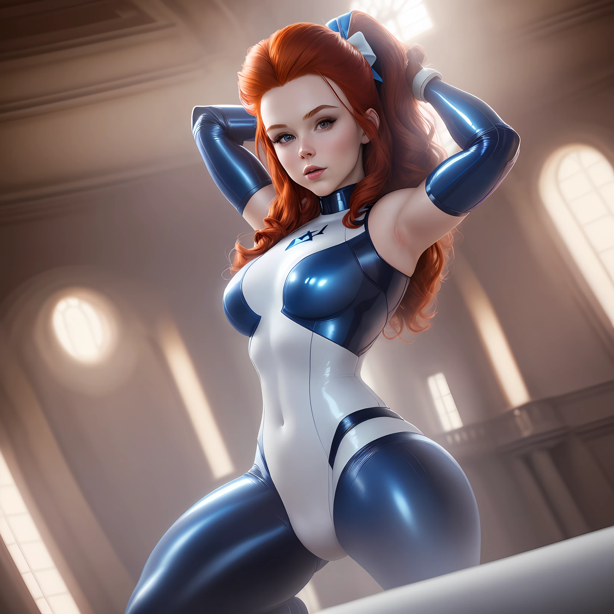 "Masterpiece, high quality, detailed, high resolution, 4k, 8k, realistic skin texture, amazing shadows, perfect lighting, hyper-realistic." A Female X-Men, Superheroine (redhead, hair bow, white skin), wearing blue latex clothes, arms up pose, armpits, detailed mansion background.