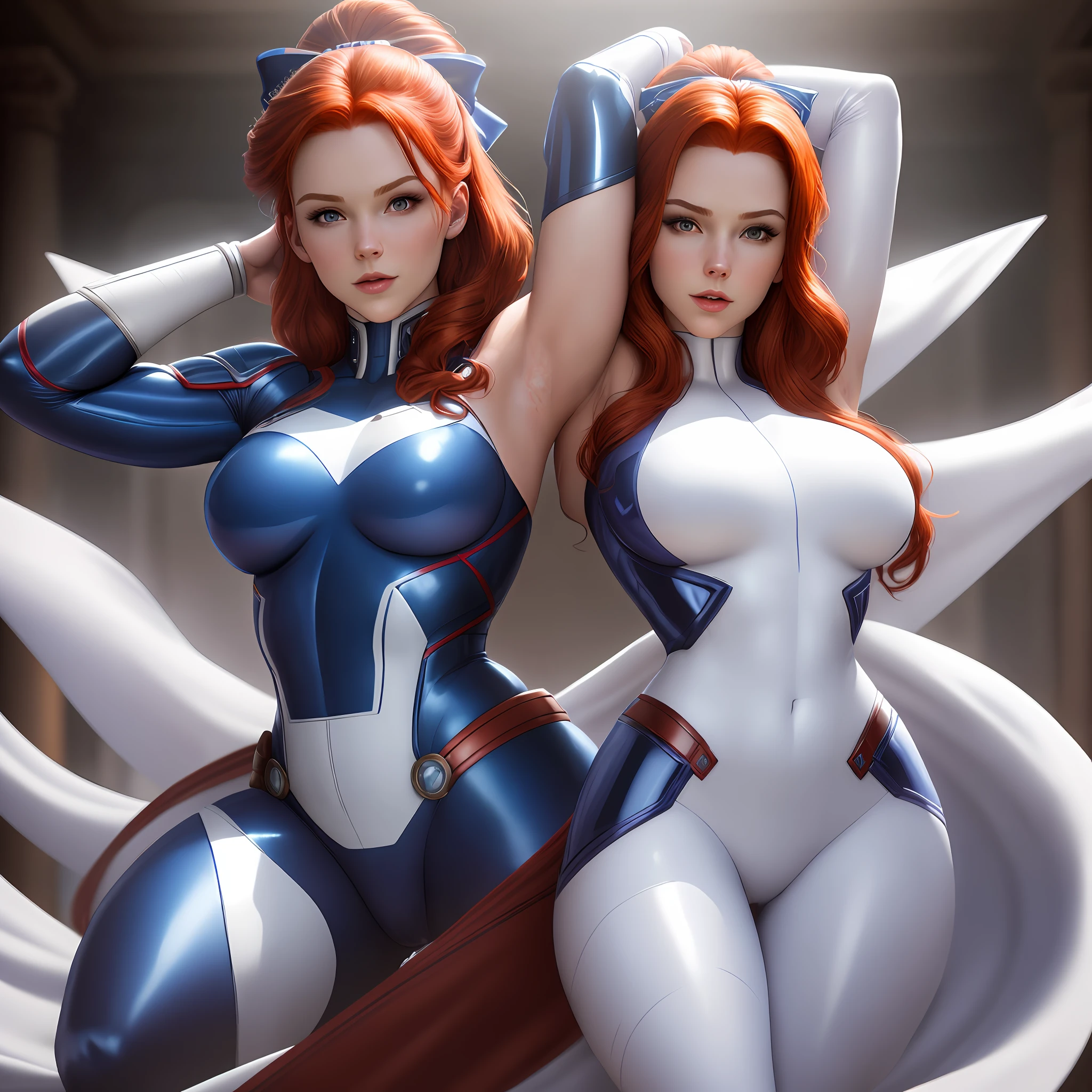 "Masterpiece, high quality, detailed, high resolution, 4k, 8k, realistic skin texture, amazing shadows, perfect lighting, hyper-realistic." A Female X-Men, Superheroine (redhead, hair bow, white skin), wearing blue latex clothes, arms up pose, armpits, detailed mansion background.