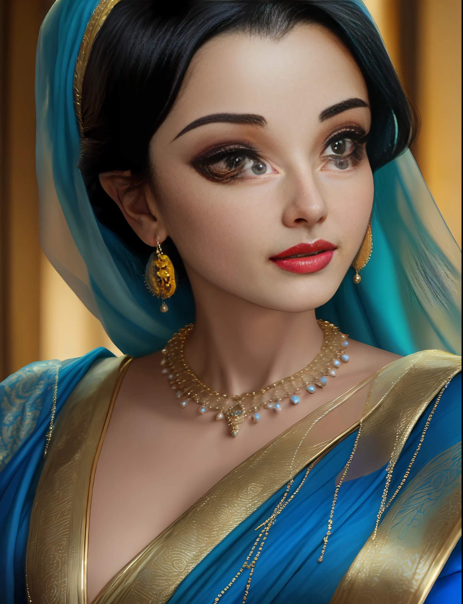 araffe woman in a blue sari with a gold necklace, a pastel inspired by Ambreen Butt, pixabay, hurufiyya, beautiful art, close - up portrait shot, very extremely beautiful, beautiful image, close up portrait shot, aishwarya rai, beautiful iranian woman, shohreh aghdashloo, beautiful face!!, beautiful face!!!!