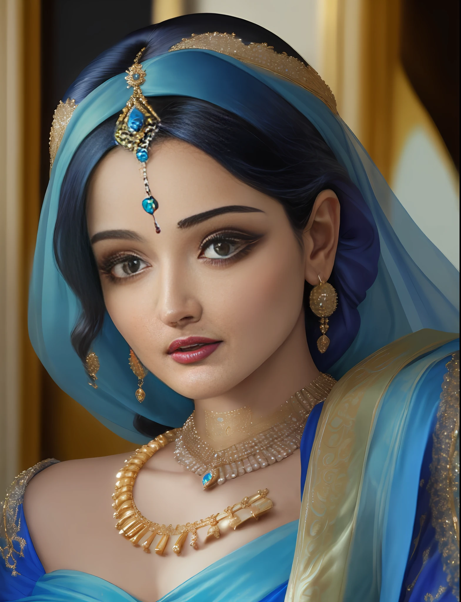 araffe woman in a blue sari with a gold necklace, a pastel inspired by Ambreen Butt, pixabay, hurufiyya, beautiful art, close - up portrait shot, very extremely beautiful, beautiful image, close up portrait shot, aishwarya rai, beautiful iranian woman, shohreh aghdashloo, beautiful face!!, beautiful face!!!!