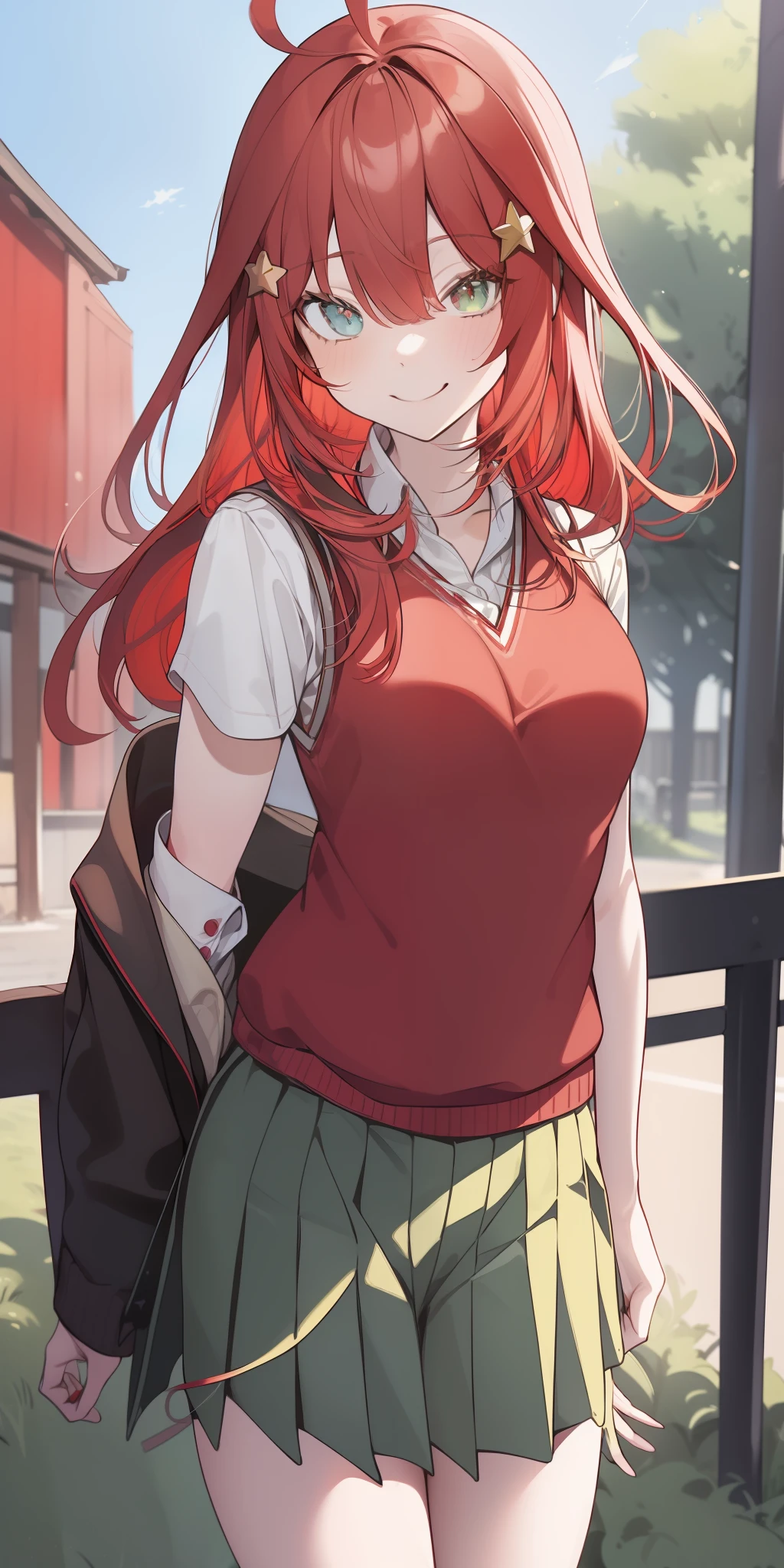 2d, masterpiece, best quality, anime, highly detailed, 1girl, solo, cowboy shot, nakano itsuki, red hair, long hair, star hair ornament, ahoge, red sweater, collared shirt, green skirt, miniskirt, medium breasts, standing, school, outdoors, smile