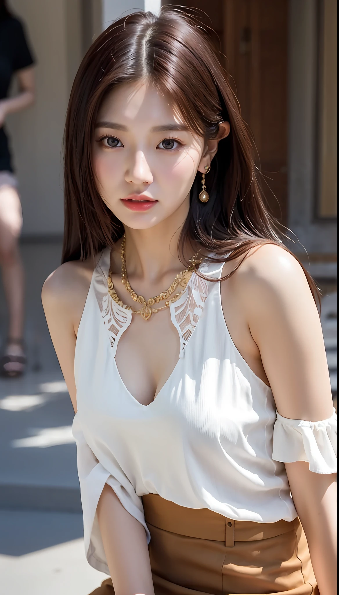 a woman in a white top and brown skirt posing for a picture, gorgeous young korean woman, beautiful south korean woman, beautiful young korean woman, korean girl, beautiful asian girl, korean woman, young adorable korean face, korean women's fashion model, young and cute girl, beautiful asian woman, gorgeous chinese model, lovely delicate face, jaeyeon nam