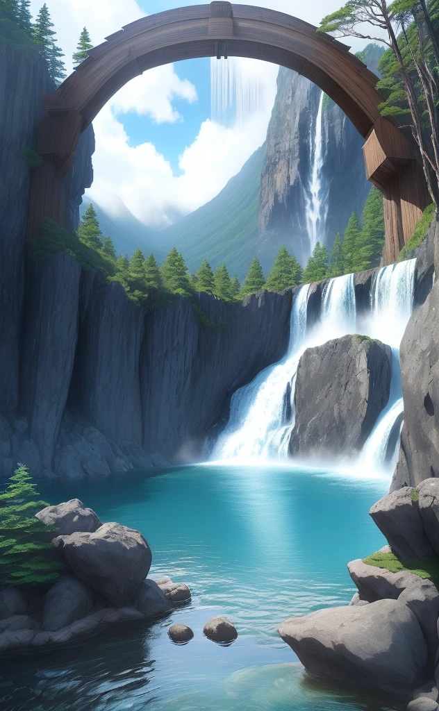 A mountain full of beautiful rocks and trees, with a large central waterfall extremely blue with a Japanese arch at the top, at the base of the waterfall a small lake. Yakuza tattoo style.
