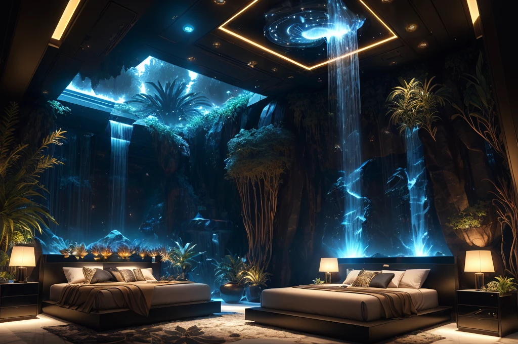 incredible black luxurious futuristic bedroom interior in Ancient Egyptian style with many (((lush plants))) (lotus flowers), ((palm trees)), ((african flowers)), rocky walls, ((sand)), ((waterfalls)) (marble), ((precious minerals)), ((metals)), (gemstones), crystals, clouds and ((water)), (futuristic luxury furniture), (hieroglyphics), ((trees, flowers, plants made out of gemstones and precious minerals and lights)), crocodiles, (((ultra luxury))), (black marble) – with ((beautiful lights)), Unreal Engine, HQ, 16k