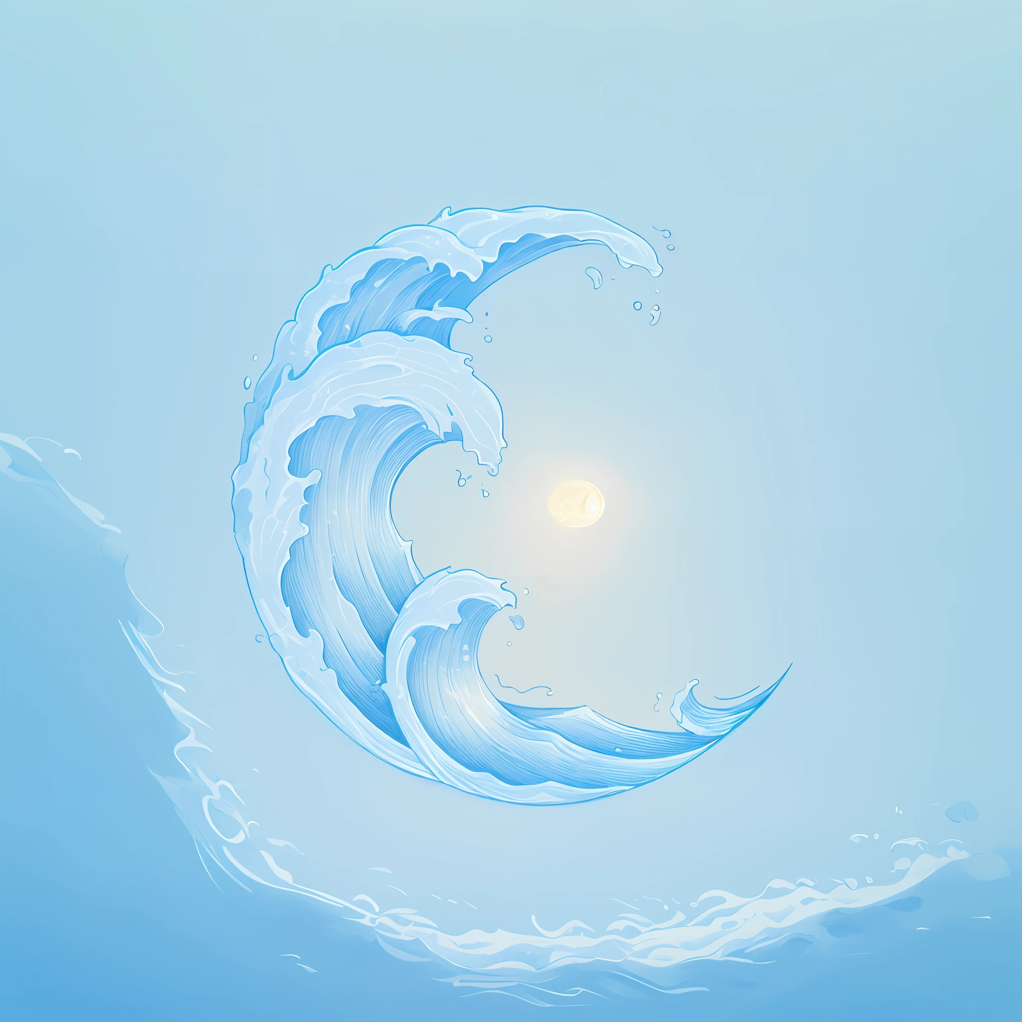 A drawing of a wave, from which a splash flows, an ocean, a wave in the shape of a moon, hand drawn illustration, highly detailed illustration, ((waves, simple and clean illustration, highly detailed illustration, waves, half moon