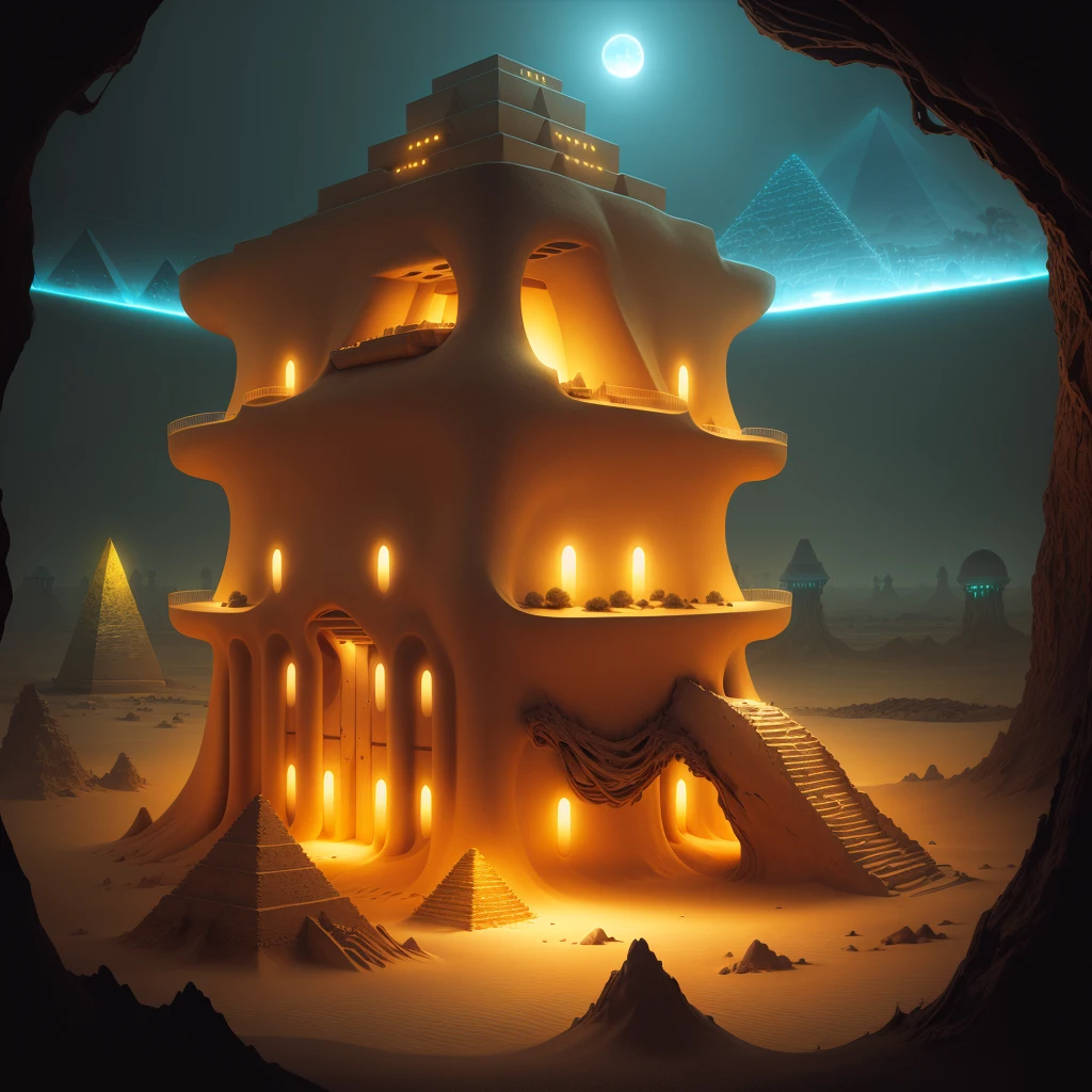 BiophyllTech, bioluminescent ,fully-organic, utopia,
sand,sandstorm, desert, pyramid \(structure\),