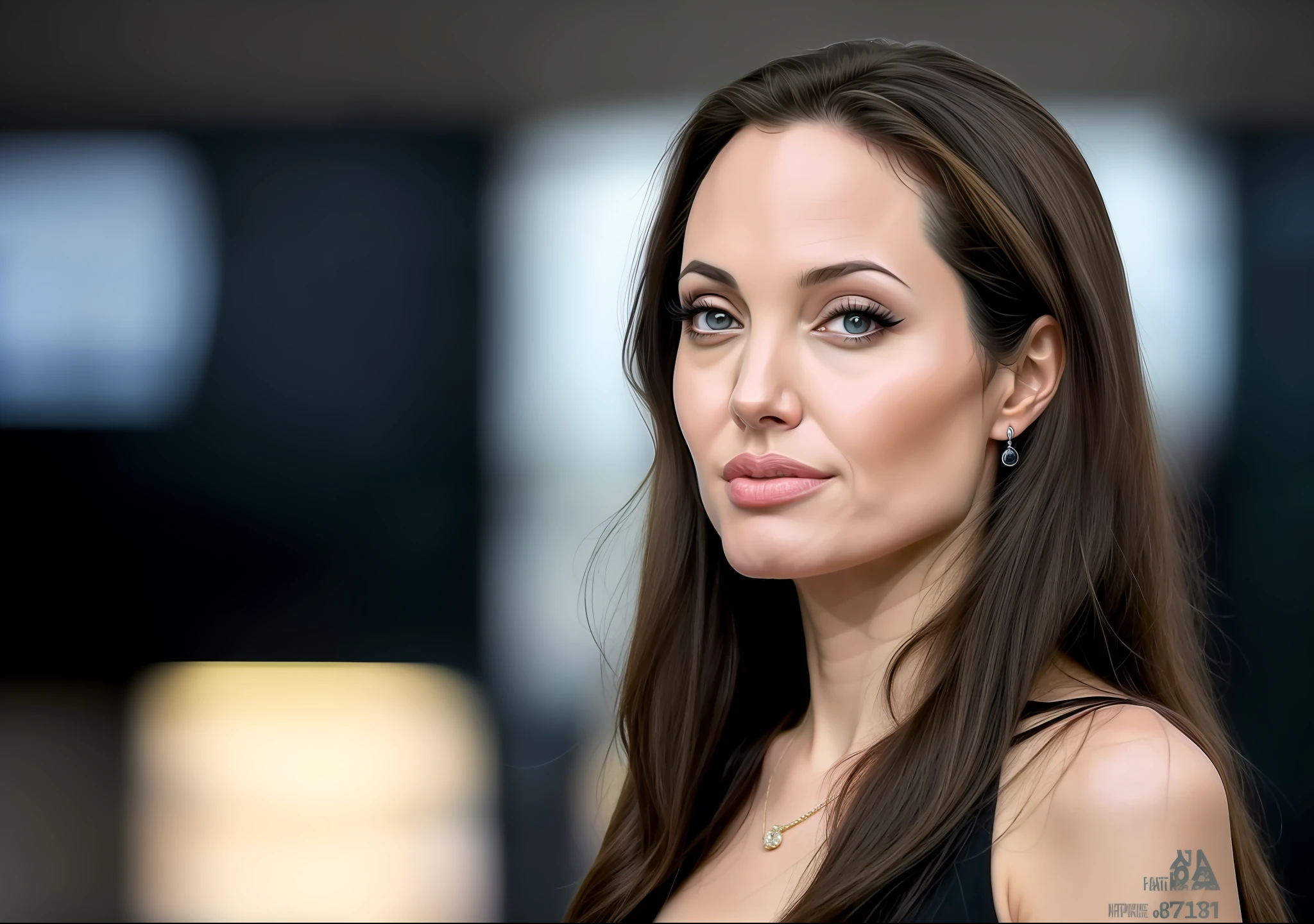 angelina jolie photo normal colors of aThe 42 year old woman in black clothes, long hair, face, half body, body, highly detailed skin, skin pores, dark and gloomy office, blurred background,8k uhd, Dslr, soft lighting, high quality, film grain, Fujifilm XT3