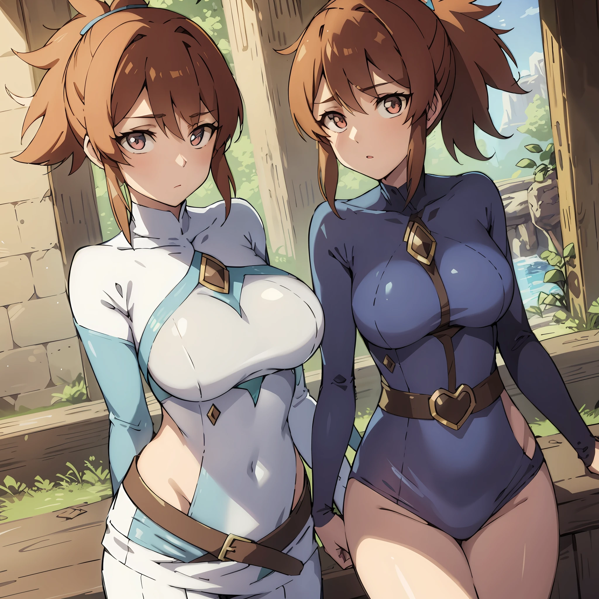 a woman, forest, blue sleeves in a white sweater, very short ponytail, brown belt, dota, marci, sweater, beautiful, masterpiece, bright colors, simple background, perfect lighting, perfect shadows, perfect eyes, perfect hair, perfect body, looking at the viewer, heart-shaped pupils, standing, slim, standing with your back to the viewer, best quality, detailed image, colorful, gorgeous body, hourglass body, stands the butt directly to the viewer, stands backwards, incredibly shiny body, one girl, one character, solo, 1girl, beautiful, masterpiece, detailed image, colorful, detailed face, perfect lighting, perfect shadows, perfect eyes, girl focus, perfect hair, flawless face, shiny body, 1girl, solo, center focus, incredibly shiny body