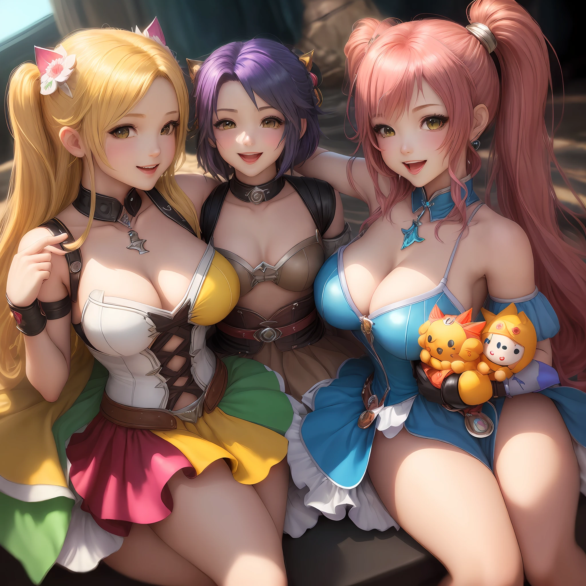 (colorful,#9EFC36:#FF83EB:#6B6FFF) (female character:1.2) adoptable mascot, vibrant, fantasy-element, vivid color rendering, doll-like, dynamic pose, cheerful expression.