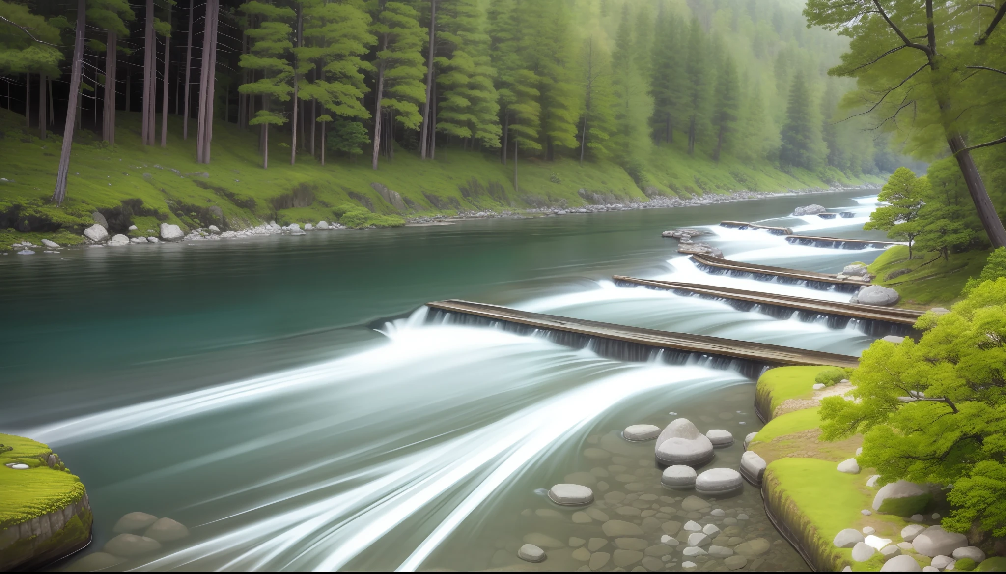 masterpiece, landscape photography, 8k, photo, real, high-resolution, early summer, Kamikochi, the flow of the river that has been done, old bridge, long-established hotel, fresh breeze, fresh green,