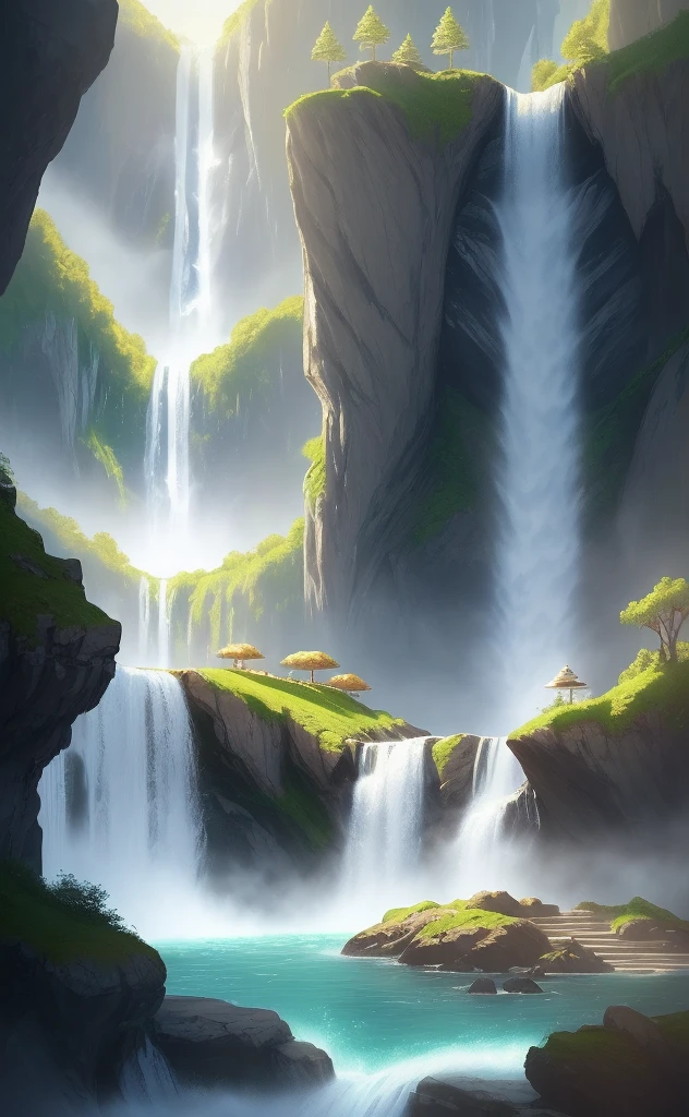 A white and golden dragon and a waterfall.