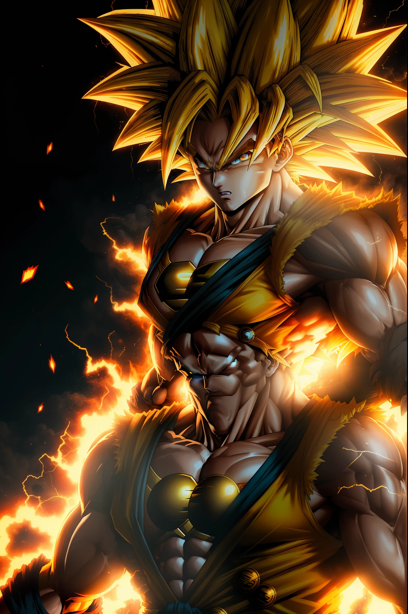 "An epic masterpiece in the comic style, showcasing the explosive power of Goku as a Super Saiyan 3 with his signature long, glowing yellow hair and the absolute best quality possible."