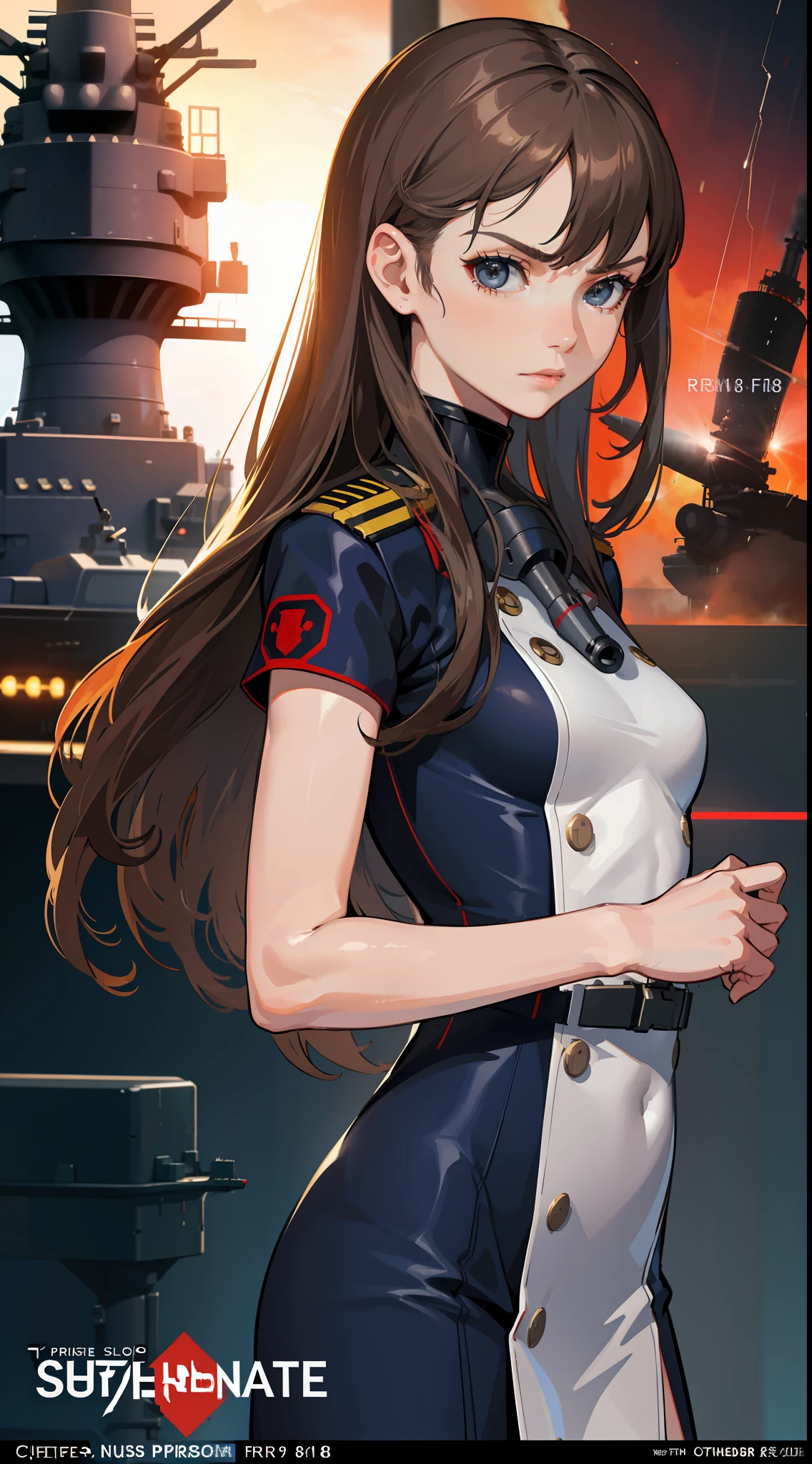 Realistic,Polite Dress,(Battleship Action Movie Poster),(Foundation Movie Reference: 1.8),Realistic,Navy Uniform,(Realistic Face Resolution),Cinematic Posing,Adult,Skinny,Small,Long Hair Dark Blonde Woman 1 Person,Serious Face,Science Fiction,Sci-Fi,Different Supporting Characters