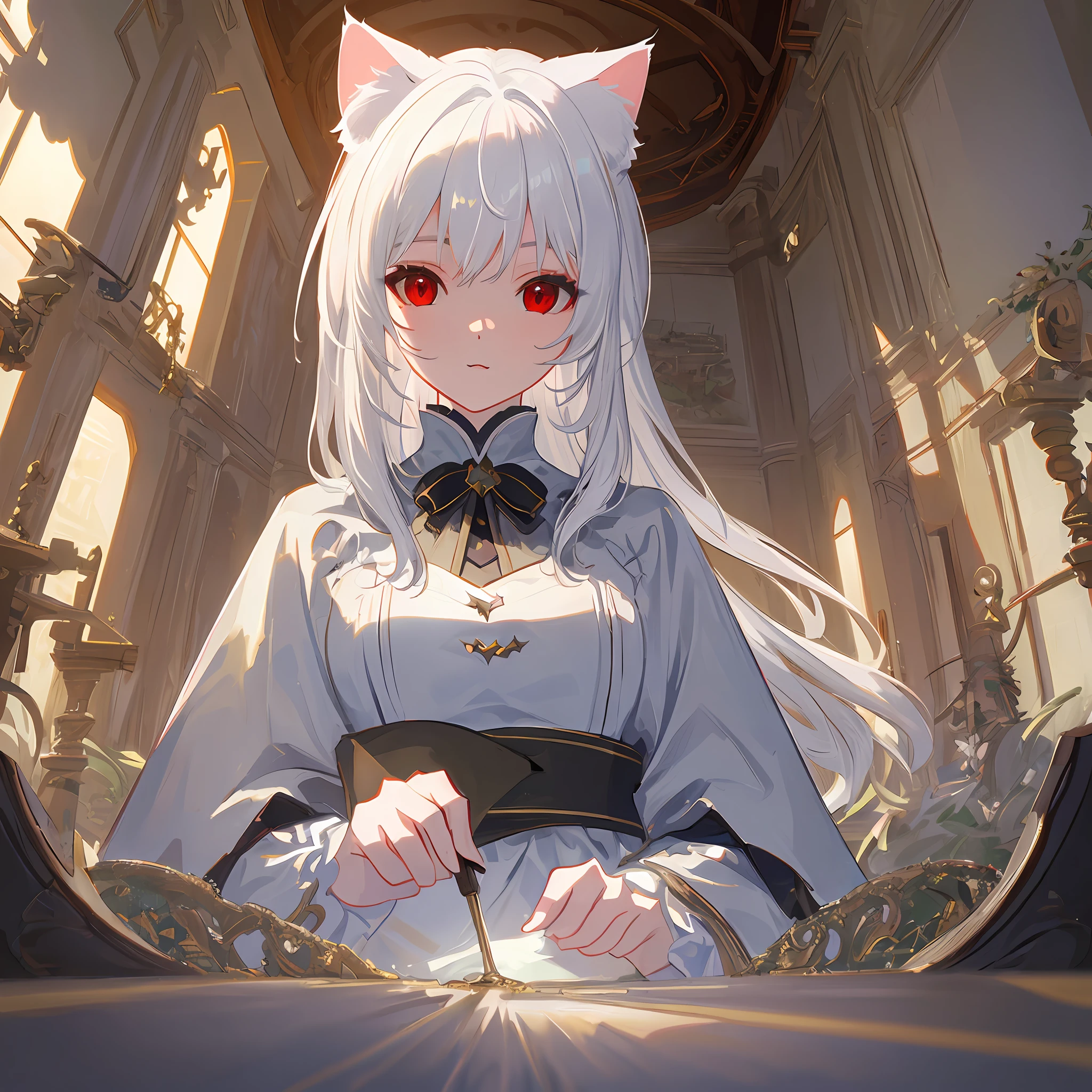 masterpiece, best quality, detailed texture, detailed eyes, detailed hair, pov, ray tracing, god rays, white hair, red eyes, cat ear, detailed background