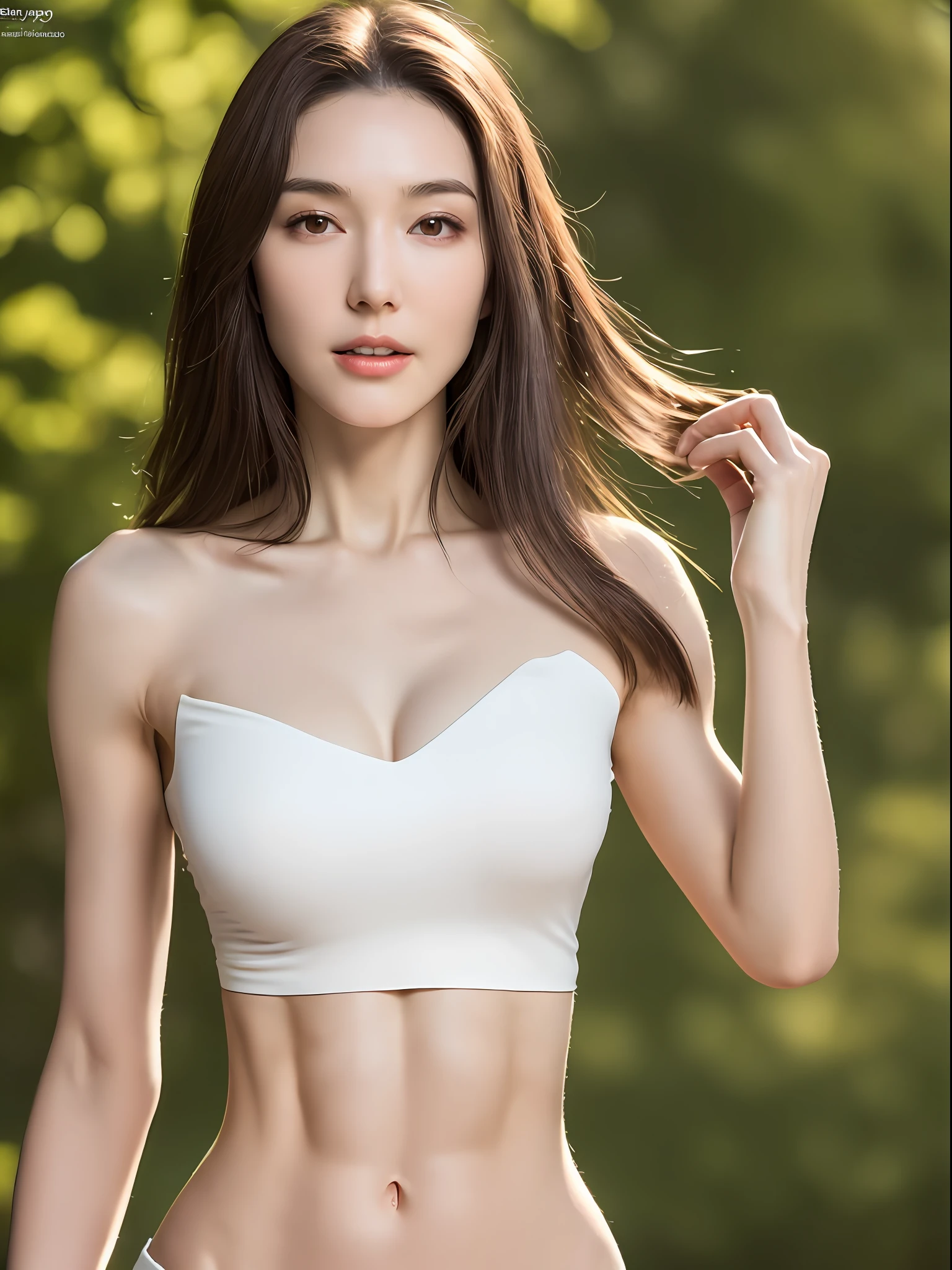 (perfect body beauty, slender abs), dark brown hair, big breasts: 1.2, (#8k, sharp, delicate face and skin), ((white shirt tube top))), highly detailed eyes and double eyelids, outdoor low light: 1.1.