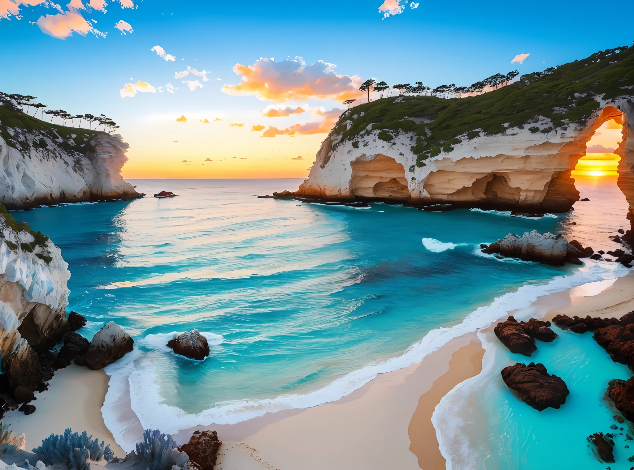 (marvelous 8k beachscape), (best quality, ultra-detailed), (turquoise and white), a beautiful (grotto) in the sand, surrounded by rocks and (crystal clear waters), (sunset) in the background, a (boat) or a (kayak) in the distance.