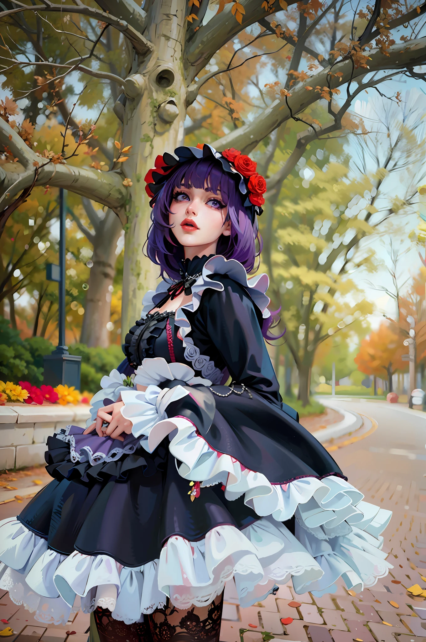 (masterpiece),(best quality:1.0), (ultra highres:1.0), detailed illustration, 8k, anime, 1girl, beautiful anime girl, wearing a black maid dress dress, flower crown, pretty face, detailed face, beautiful eyes, detailed eyes, dark purple eyes, bright red lips, red lipstick, purple hair, beautiful stylish hair, highlights in hair, bangs anime style, red flowers on hair, best quality, vibrant