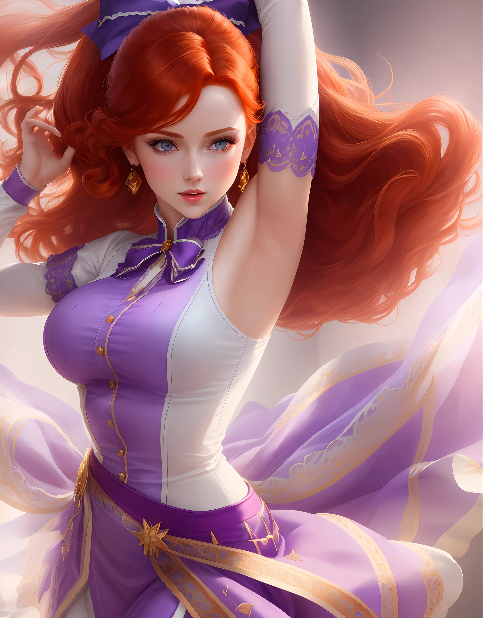 "Masterpiece, high quality, detailed, high resolution, 4k, 8k, realistic skin texture, amazing shadows, perfect lighting, hyper-realistic." A Female Dancer (Redhead, Hair Bow, White Skin), Wearing Blue Purple Clothes, Background Opera Detailed, Dynamic Pose, Dancing