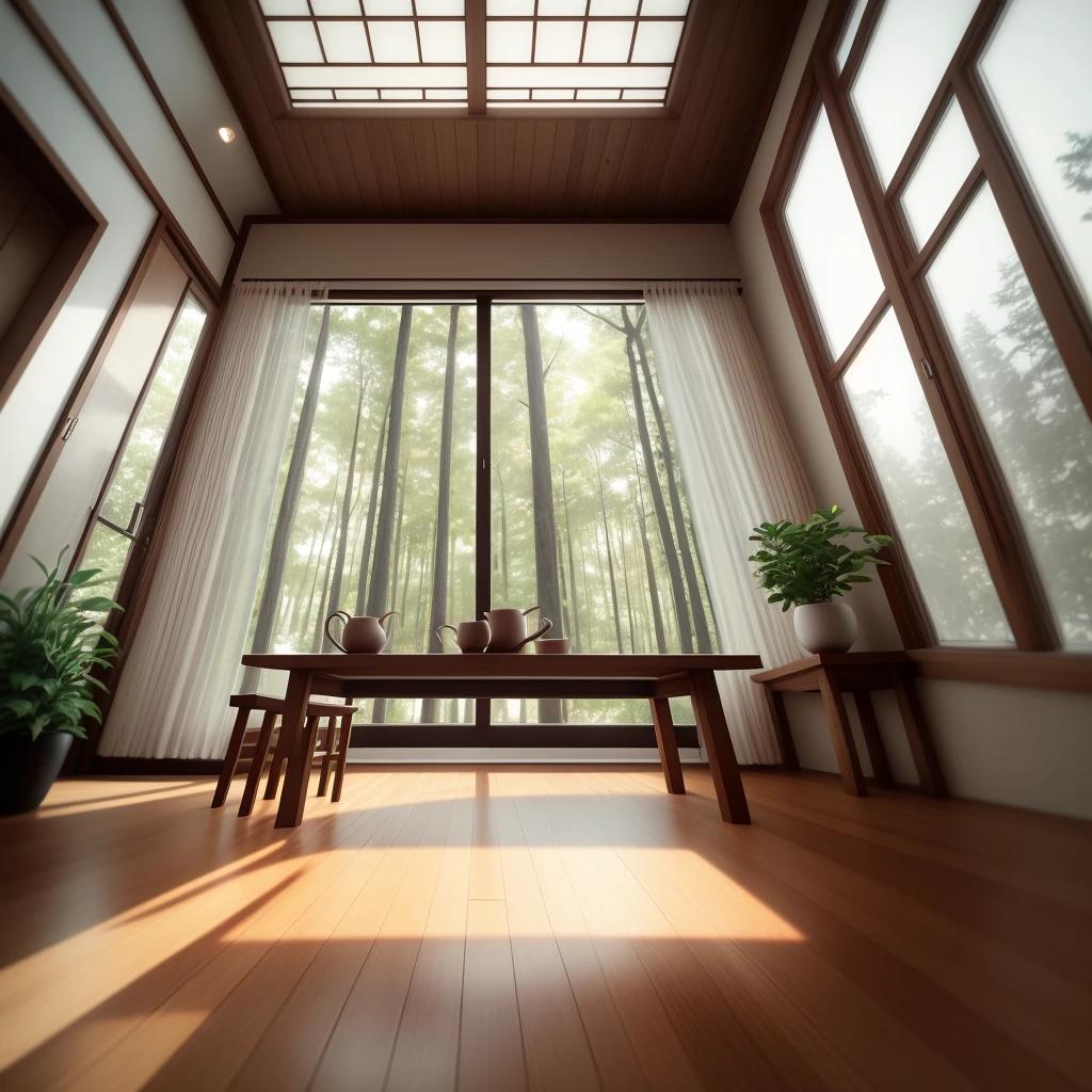 Interior design,insanely detailed wide angle architecture photography, cozy contemporary living room,(bright warm sunlight 1:0.1), award-winning contemporary interior design, scenery, table, chair, indoors, wooden floor, window, restaurant, east asian architecture, sliding doors, lamp, architecture, forest, nature, cup, plant,INTERIOR DESIGN,intersting lights and shadows, Depth of Field,low light, ,