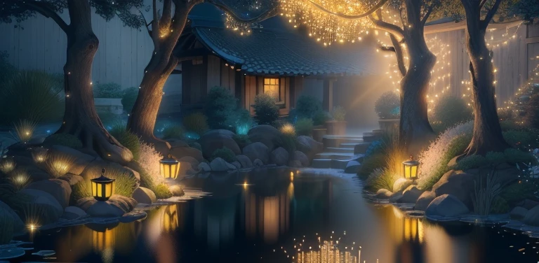 4080 ultra hd, black birds nest with black feathers covering it, koi pond with illuminated koi fishes in it, twinkling fairy lights surrounding it