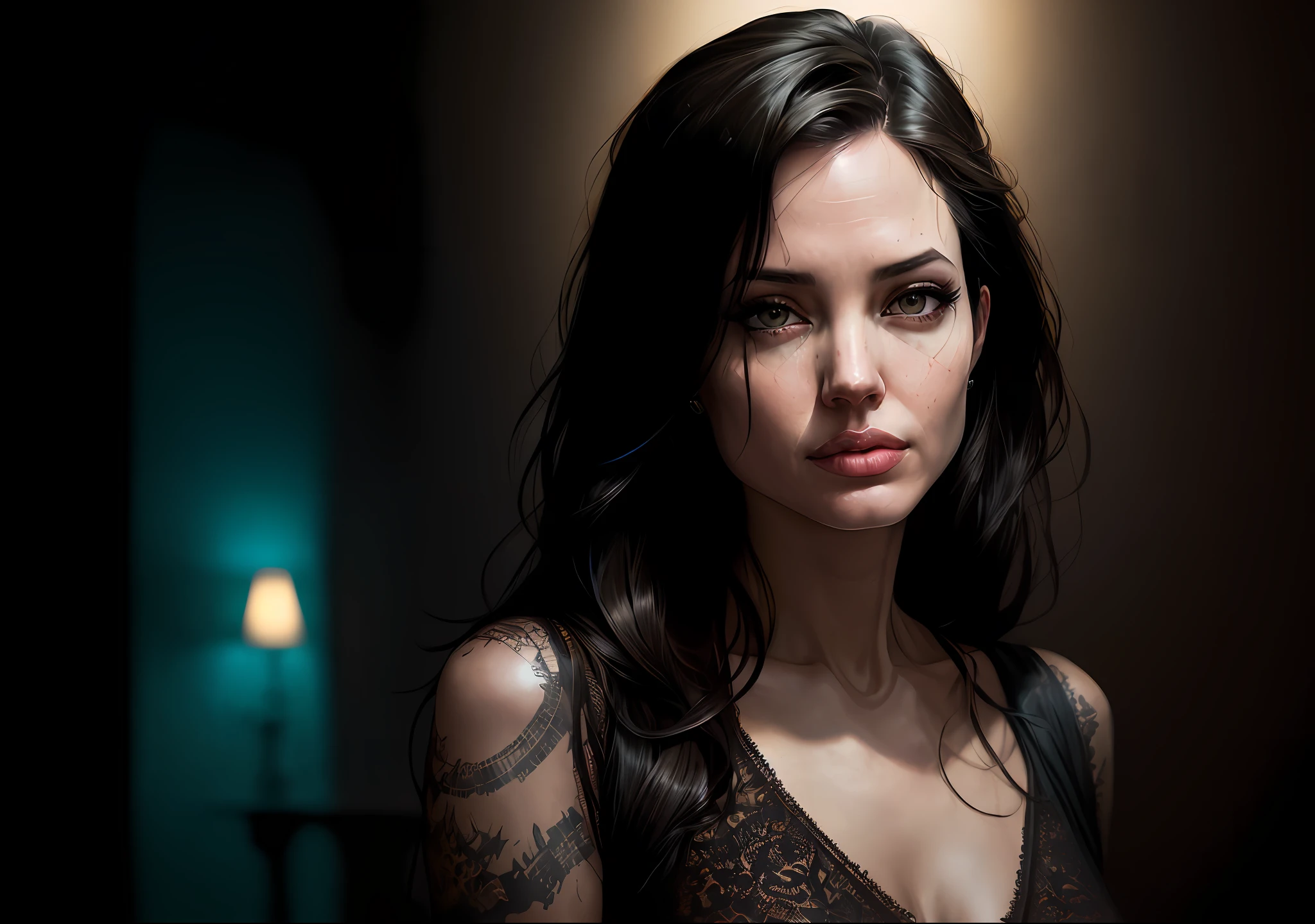 Angelina Jolie Dark photo: realistic epic, distant portrait, sunglasses, blue eyes, black hair by Atey Ghailan, by Greg Rutkowski, by Greg Tocchini, by James Gilleard, by Joe Fenton, by Kaethe Butcher, yellow gradient, black, brown and magenta color scheme, grunge aesthetic!!! War wall background, art by Greg Rutkowski and Artgerm, soft cinematic light, adobe lightroom, photo lab, HDR, intricate, highly detailed, (faded, (neutral colors: 1.2), (HDR: 1.4), (soft colors:1.2), hyperdetailed, (artstation:1.4), cinematic, warm lights, dramatic light, (intricate details:1.1), complex background, (rutkowski:0.66), (blue and orange:0.4)