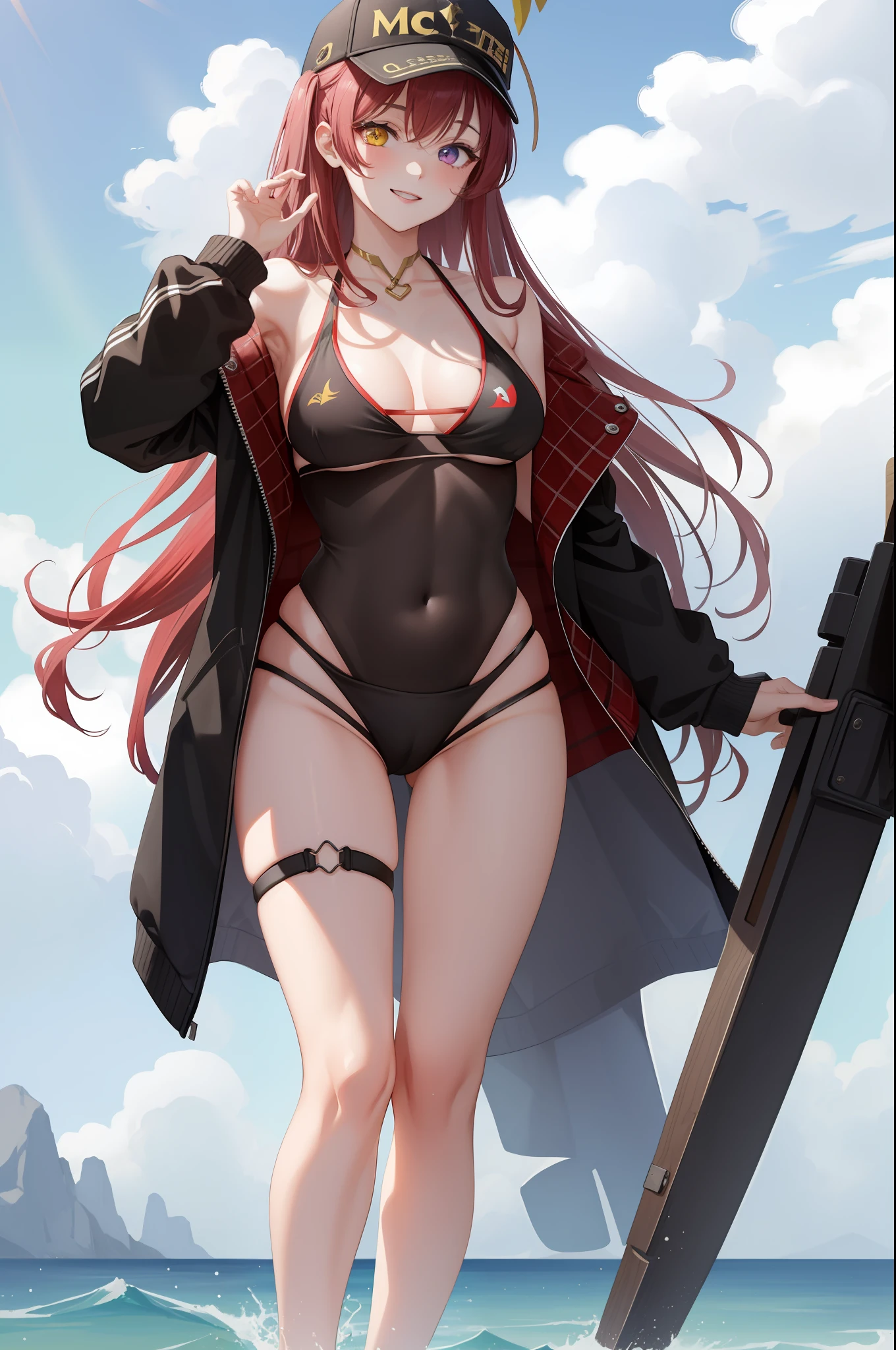 masterpiece, best quality, absurdres, perfect antomy, houshouBikini, 1girl, solo, heterochromia, red eyes, yellow eyes, long hair, jewelry, baseball cap, sunglasses, eyewear on headwear, black jacket, open jacket, white shorts, short shorts, red bikini, string bikini, o-ring thigh strap, standing, smile, gigantic breast