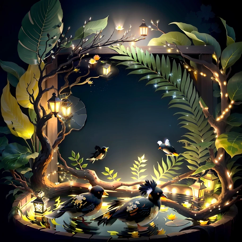 4080 ultra hd, black birds nest with black feathers covering it, koi pond with illuminated koi fishes in it, twinkling fairy lights surrounding it