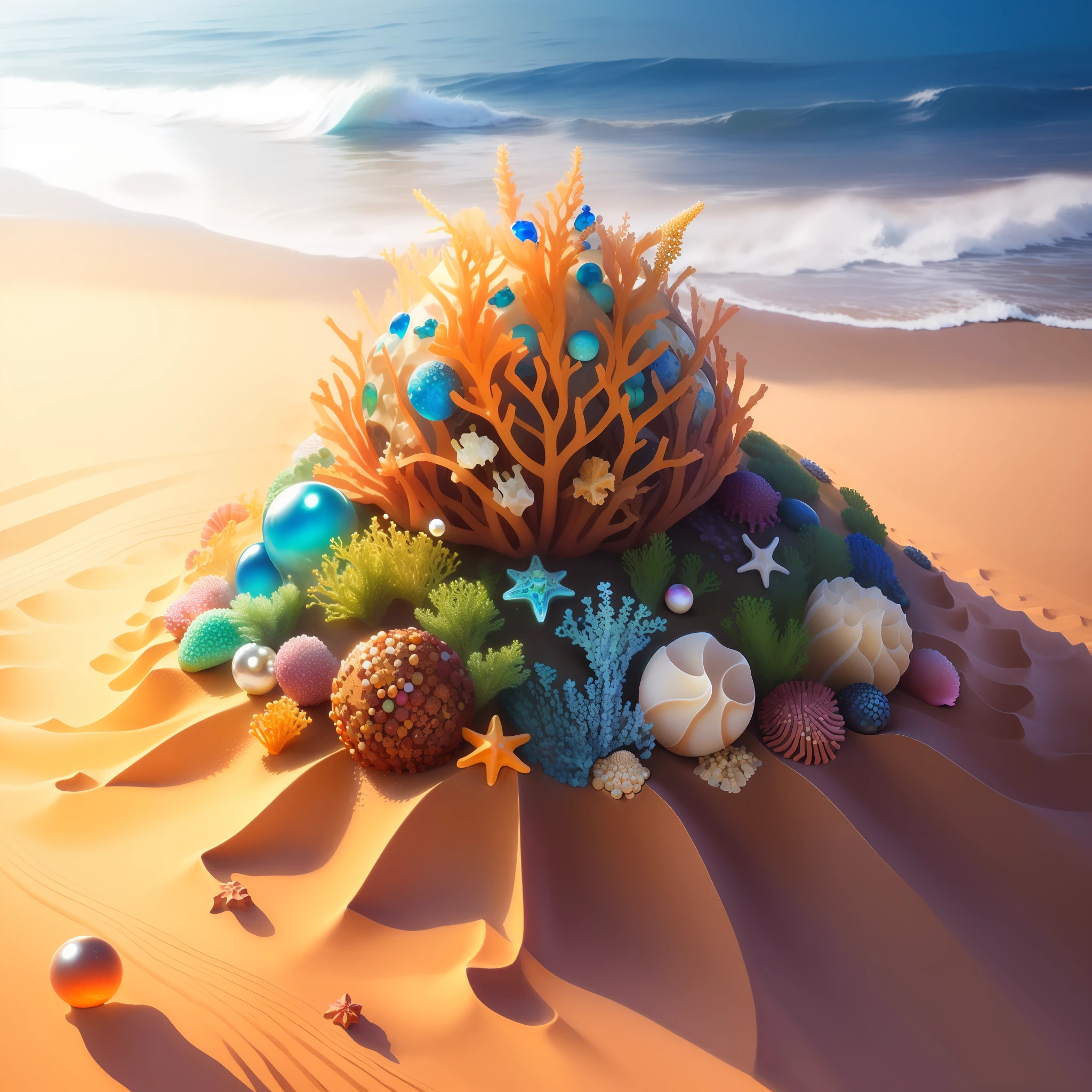 anthill, anthill made of sand grains, marbles, gems, leaves, and pearls with sea shells and sea weed