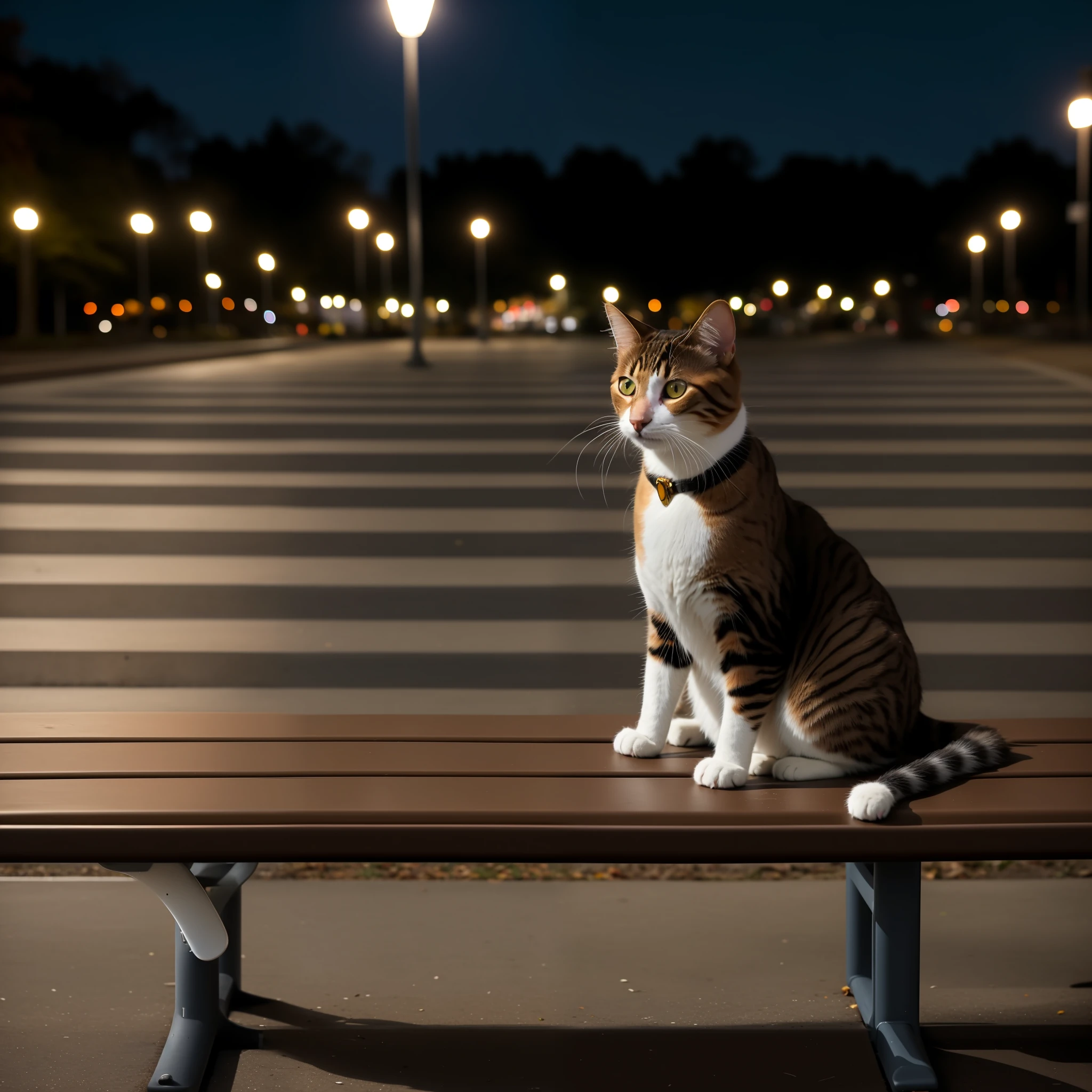 there is a cat sitting on a bench in the middle of a street, photo taken with sony a7r, taken with sony a7r camera, taken with canon eos 5 d mark iv, cat photo, photo taken with sony a7r camera, at nighttime, photo of a cat, sitting on a bench, taken with sony alpha 9