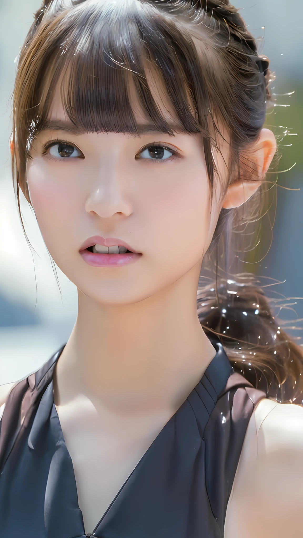 ((Best quality, 8k, Masterpiece :1.3)), Full body, Sharp focus: 1.2, Perfect Body Beauty: 1.4, Slim Abs: 1.2, ((Dark brown ponytail, Big breasts: 1.2)), Pink JK suit: 1.3, (Night City, Street: 1.1), highly detailed face and skin texture, detailed eyes, double eyelids
