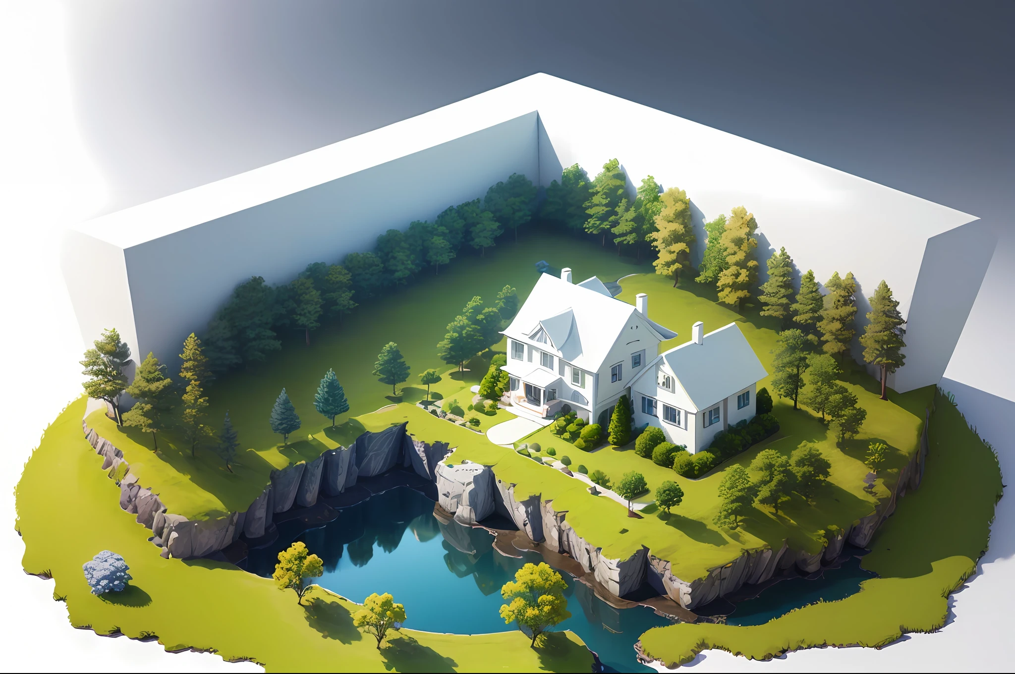 [(white background:1.5):5], isometric OR hexagon, masterpiece, best quality, ultra-detailed, illustration, scenery, ultra high res, (white background:1.5), no humans, scenery, tree, outdoors, sky, grass, day, cloud, water, blue sky, building, (flower:1.1), nature, house, bird, window, river, bush, (rainbow:1.1),