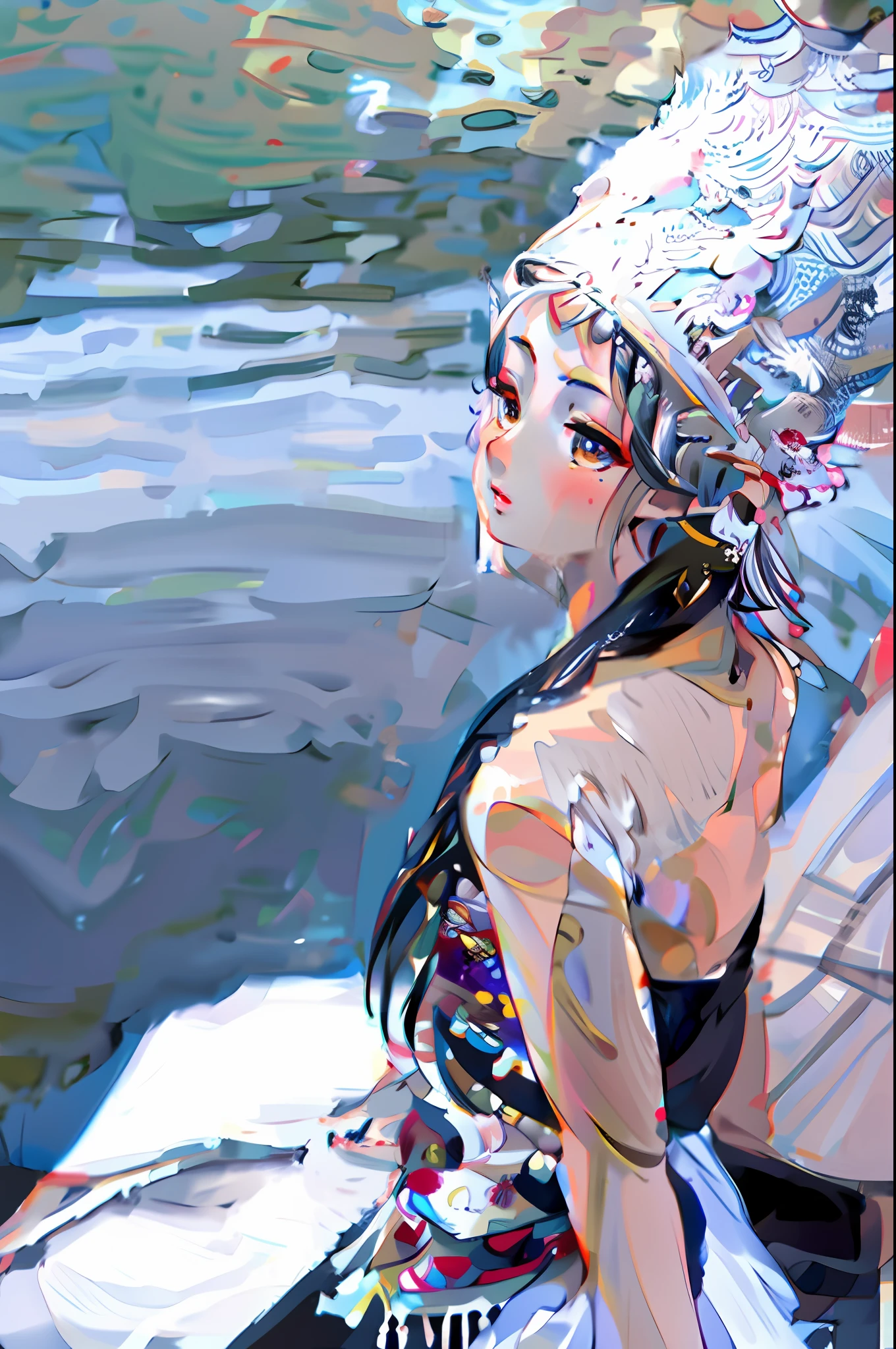there is a woman sitting on a dock wearing a silver hat, intricate chrome headdress, traditional chinese, chinese girl, chinese woman, inspired by Miao Fu, inspired by Dai Xi, inspired by Jin Nong, queen of the sea mu yanling, traditional beauty, inspired by Gao Qipei, inspired by Luo Mu, wearing an elegant tribal outfit