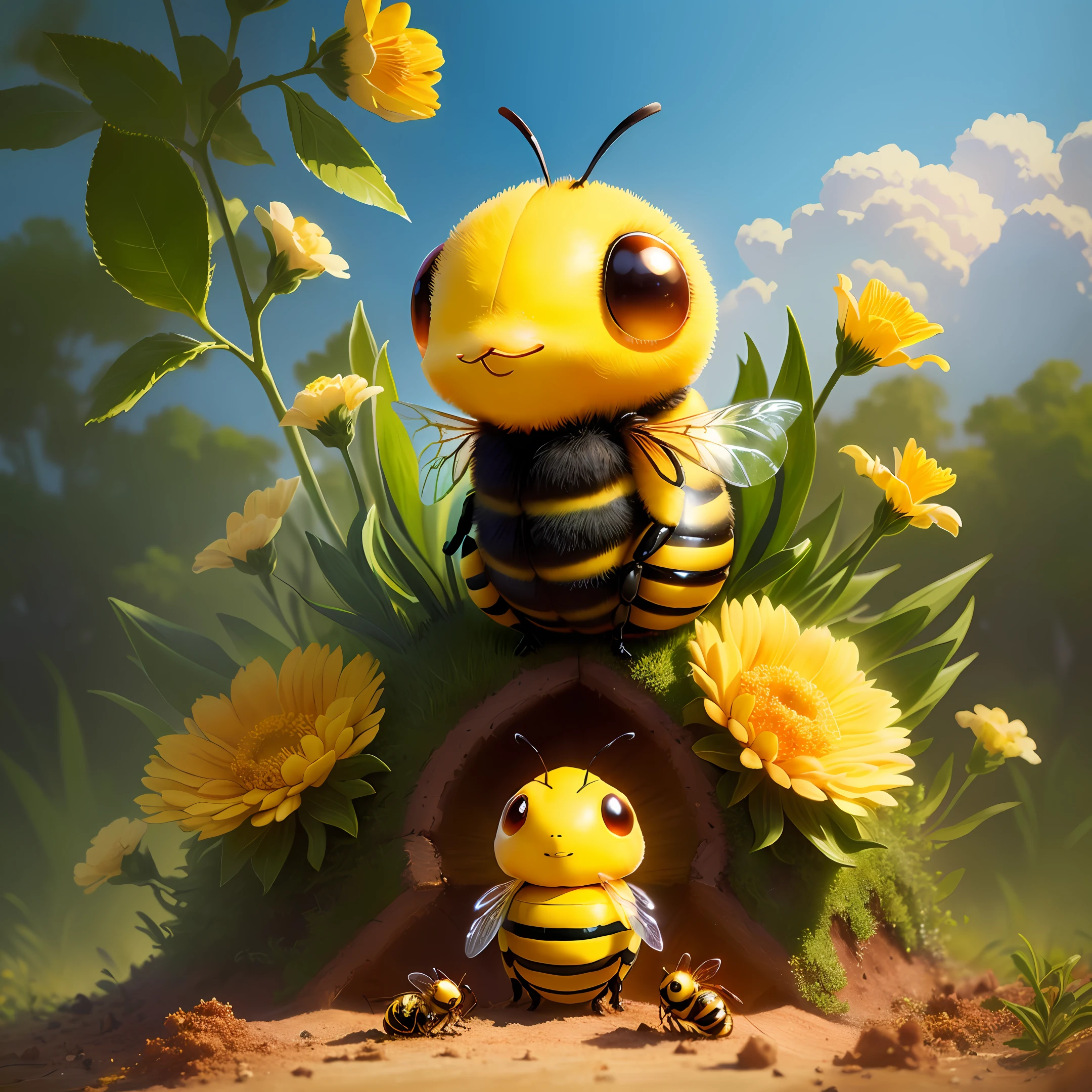 a cute puffy bee formed by various flowers, guarding an anthill with the acher ant and carrier ant around it, hd, real, upscale