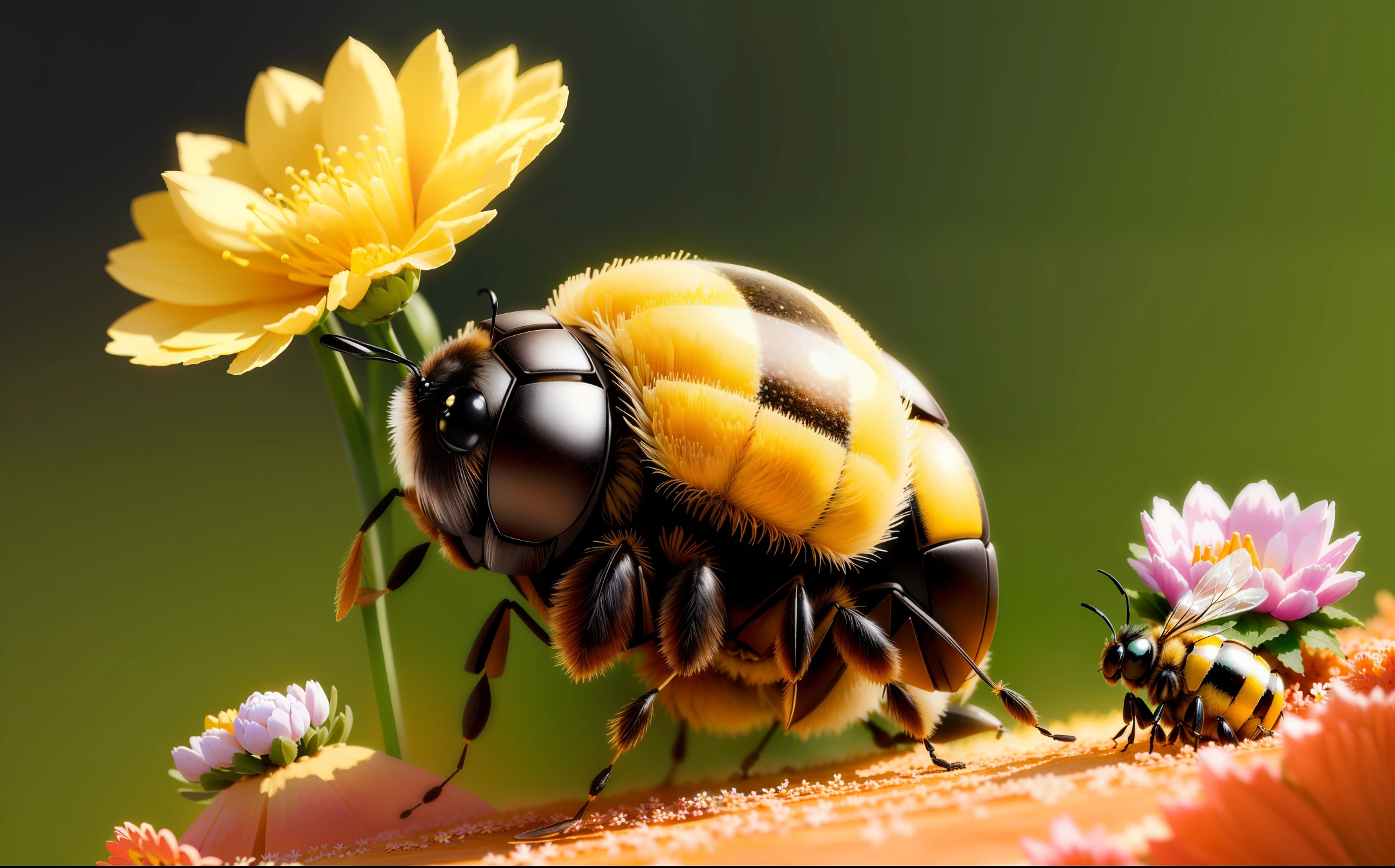 a cute puffy bee formed by various flowers, guarding an anthill with the acher ant and carrier ant around it, hd, real, upscale