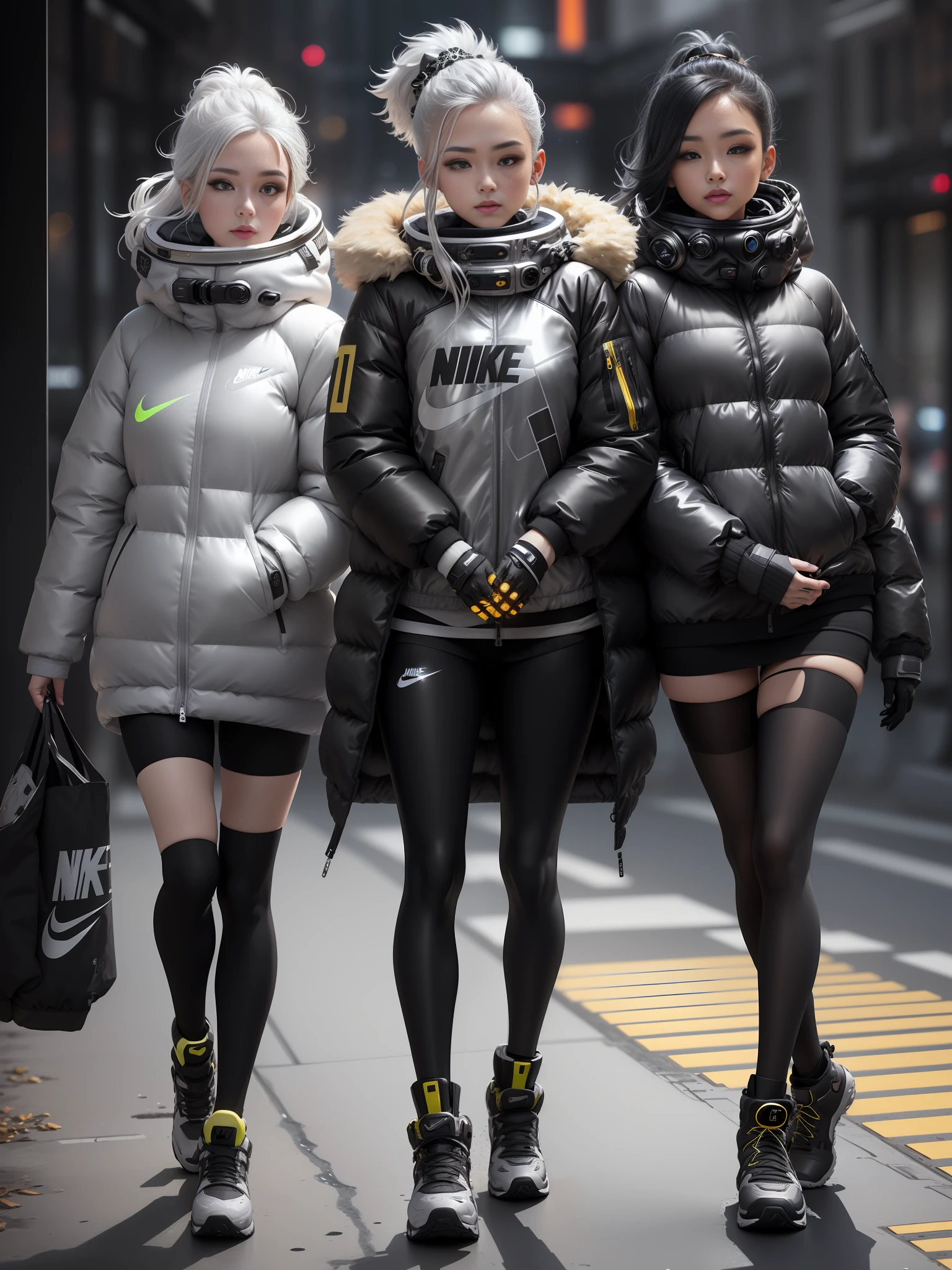 A stylish one-man spring and autumn down jacket design space background full of bubbles and fluffy feeling Cyberpunk ((Silver Gray Black: 1.3) + (Fashion: 1.1) + (New Trend: 1.2)), (Nike Logo), (Corona Rendering), ((Space Winter Down Jacket Concept + Concept Art Design): 1.3), (8K: 1.3), (2:3 Aspect Ratio + Warm Q2), (750 pixels), ((Fashion Elements) :(1.1+ Spring and autumn down jacket blends with fashion elements)), (dynamic: 5) yellow embellishment