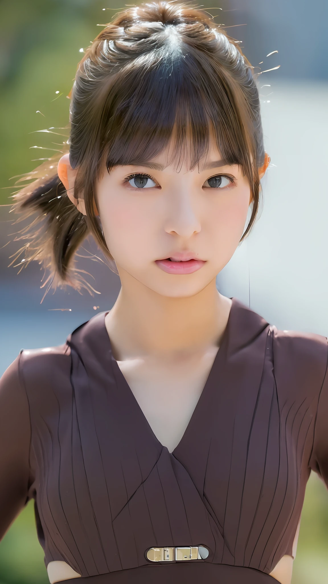 ((Best quality, 8k, Masterpiece :1.3)), Full body, Sharp focus: 1.2, Perfect Body Beauty: 1.4, Slim Abs: 1.2, ((Dark brown ponytail, Big breasts: 1.2)), Pink JK suit: 1.3, (Night City, Street: 1.1), highly detailed face and skin texture, detailed eyes, double eyelids