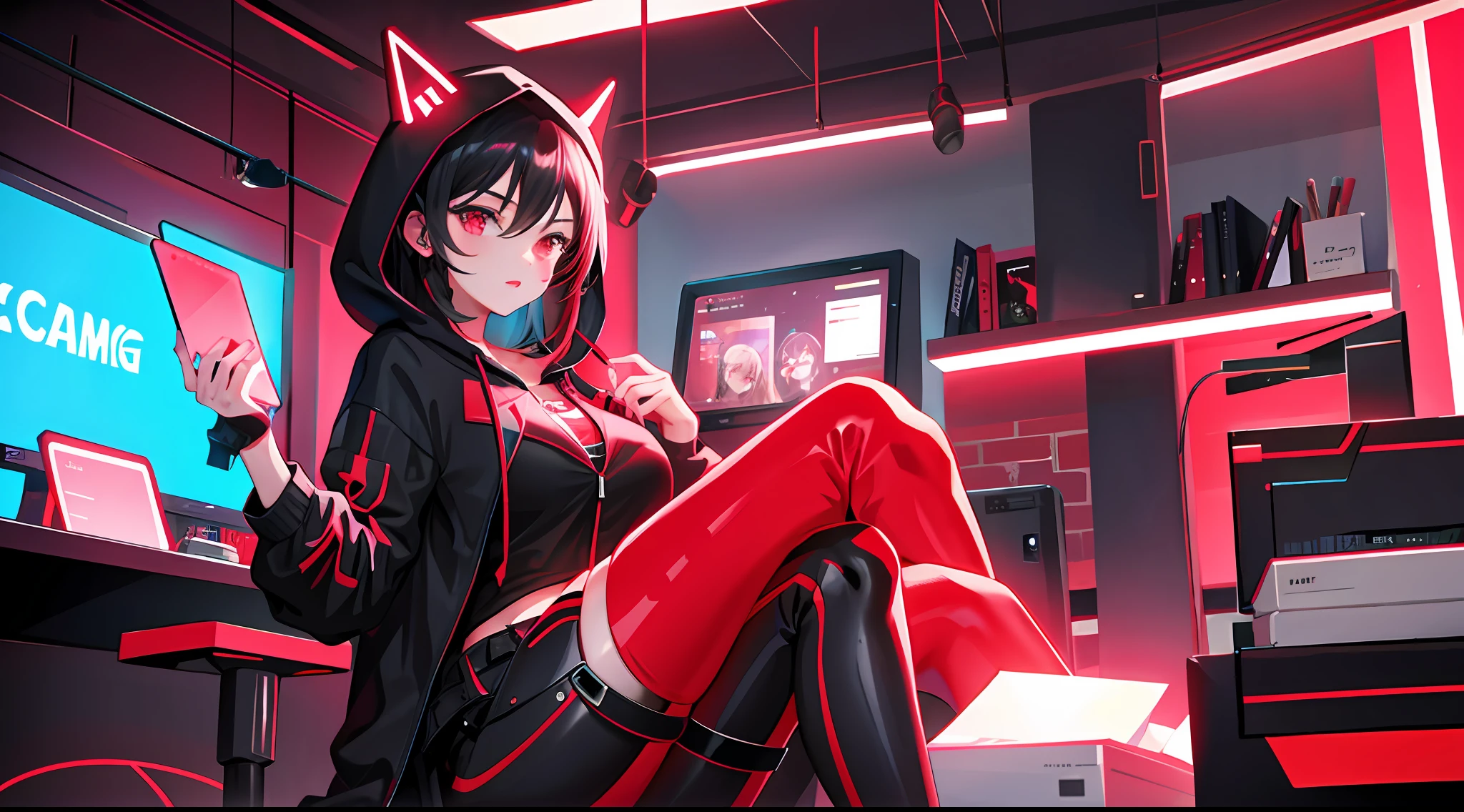 1 girl, handsome girl, black hair, coma hair, coma hair, street style revealing hood, sparkling, red eyes, looking at the screen with the words "starting soon", upper body, fantasy world, bedroom, at a desk with a computer, wearing headphones, gaming,RGB lighting, cute, girly, big boobs, black stockings,"Mavriz" red neon sign,
