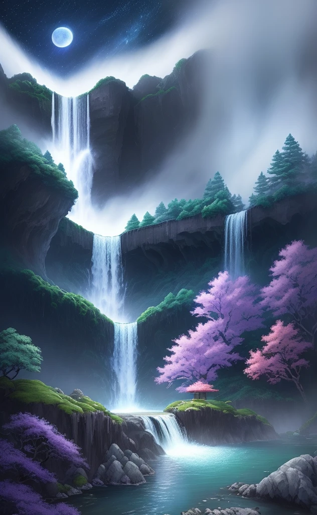 Painting of a waterfall with a tori tori gate on top. Katsushika Hokusai's Great Kanagawa Wave. Scenic background, concept art, an endless waterfall, immense waterfall, with trees, stones and waterfalls, beautiful concept art, waterfalls, several waterfalls, night sky, beautiful moon, water with bright colors, water with shades between blue and purple, environmental painting, anime scenario concept art, detailed 4k concept art, detailed concept art 4k, concept art 4k wallpaper, high waterfalls.