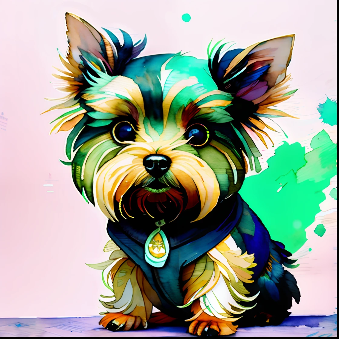 wtrcolor style, (Yorkshire terrier dog character) digital art, official art, front, smile, cute, masterpiece, beautiful, ((watercolor, blue and green)), face painting, paint splash, intricate details. Very detailed, detailed eye, [dripping:0.5], trends on Artstation, Rachel Walker