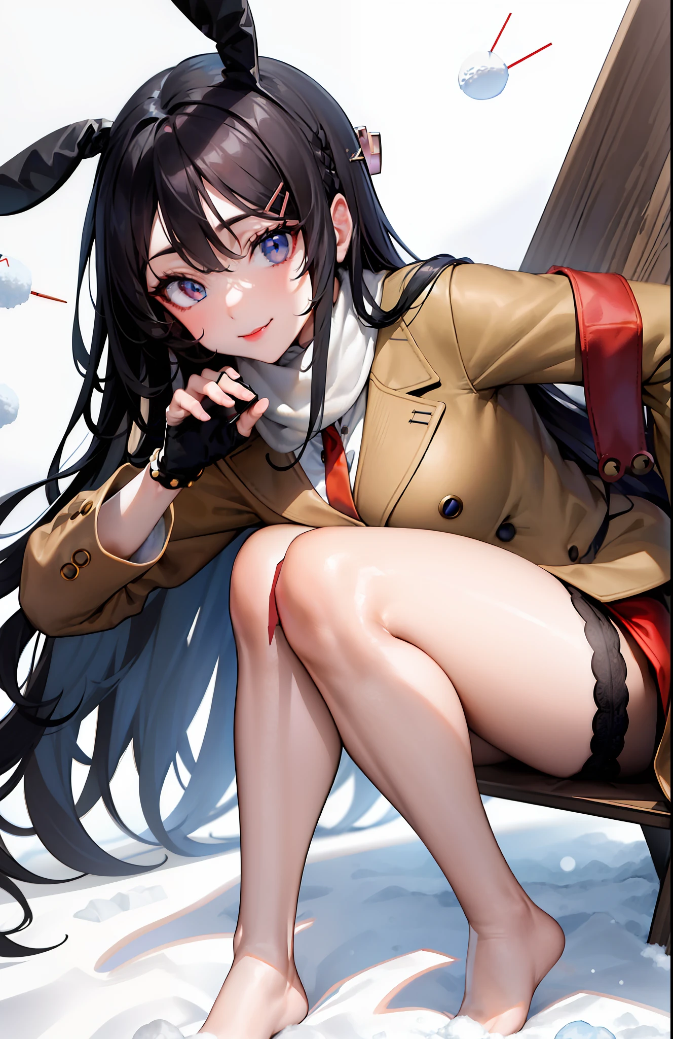 masterpiece, high quality, best quality, high resolution, 4k, high definition, beautiful lighting,highly detailed face, well drawn hands, well drawn legs,well drawn feet,well drawn eyes,1girl, mai, (((black hair))), long hair, blue eyes,rabbit pink hair clip,brown long coat,brown sweater, red tie, (((blue pencil skirt with buttons))), black panty hose ,white muffler around neck,standing, hand mittens,face close up,devilish smile,looking up at the viewer, red lips,closed mouth, snowball in hand, snow background,
