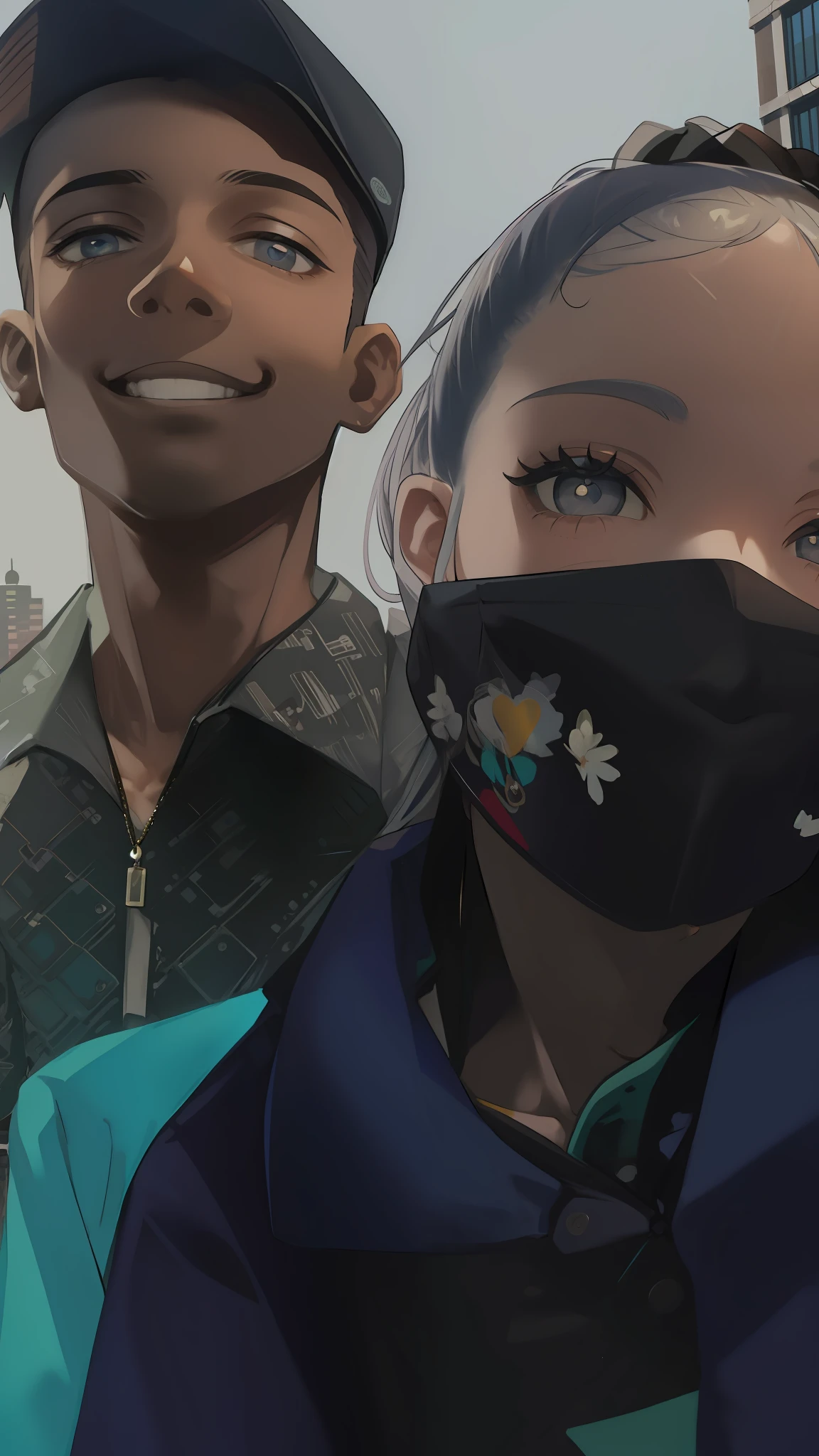 masterpiece, best quality, 2others, couple, 1man with 1woman, Height difference, happy, love, smile, casual clothes, oversized shirt, different fashions, modern urban street, holding hands, hat