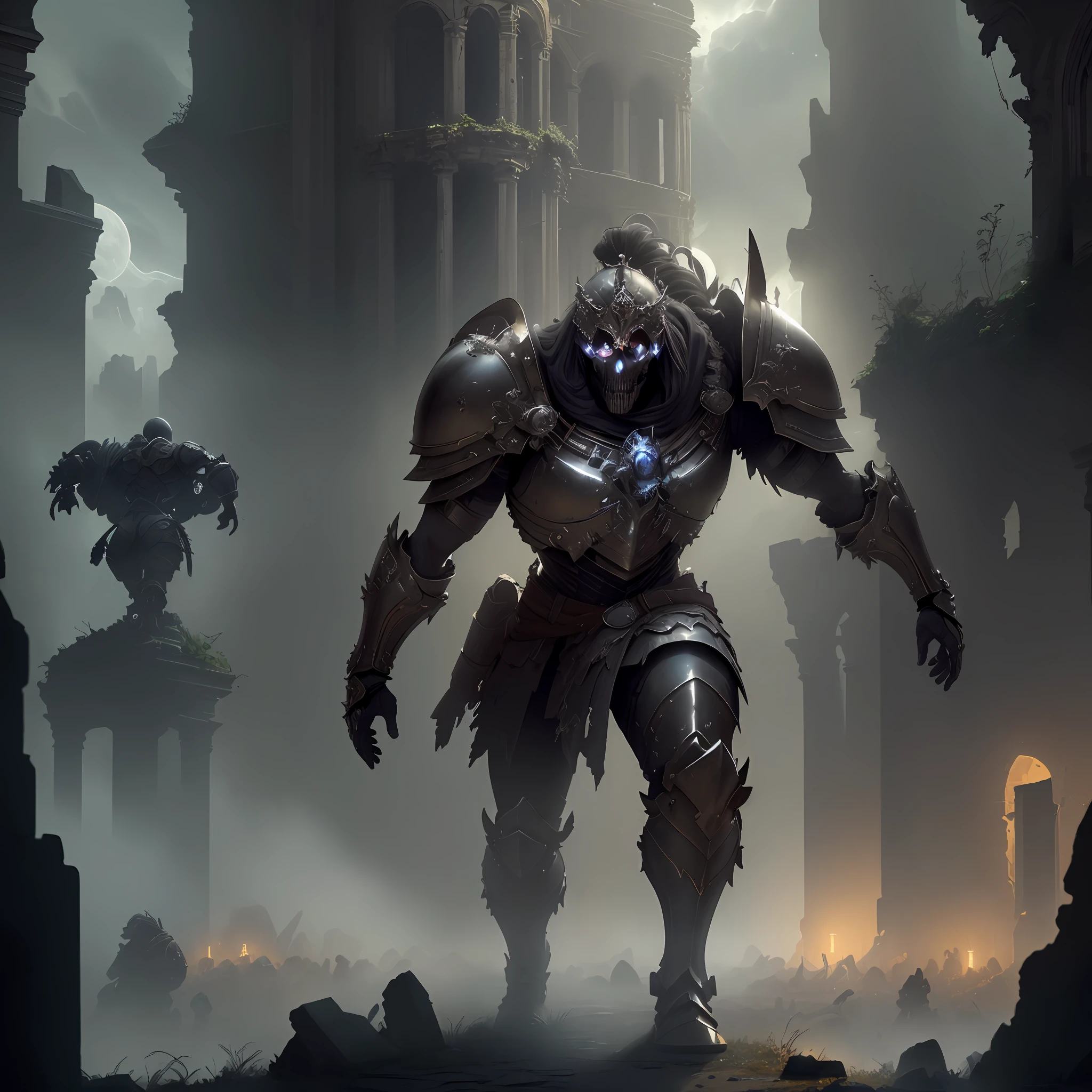 (Masterpiece: 1.2, Best Quality), A Ruin, A Warrior Fighting a Group of Skeletons, (Night), Lights, Ray Tracing, Particle Effects, (Exquisite), High Contrast, (Very Detailed CG Unity 8k wallpaper, Masterpiece, Best Quality, Ultra Detailed, Best Shadows), Armor, Epee, Crown,