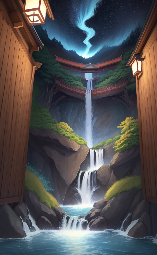 Painting of a waterfall with only one tori tori gate on top. Night sky. Katsushika Hokusai style. Concept art. Detailed. 4k. Background. Cohesive.