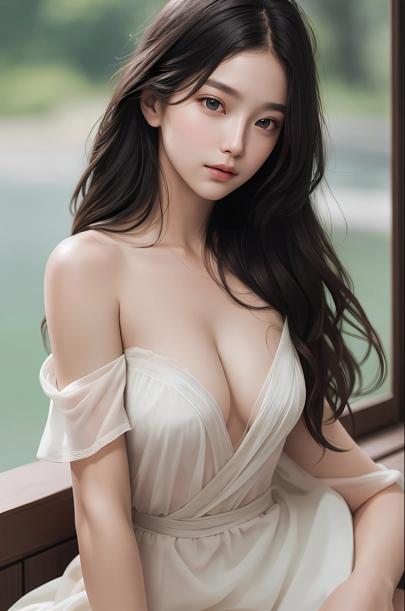 film portrait photography, 1girl, bare shoulders, wavy shoulder-length hair, serene, calm, (realistic detailed eyes, natural skin texture, realistic face details), soft dramatic lighting, depth of field, bokeh, vibrant details, finely detailed, hyperrealistic, 35mm film, hazy blur, filmg,